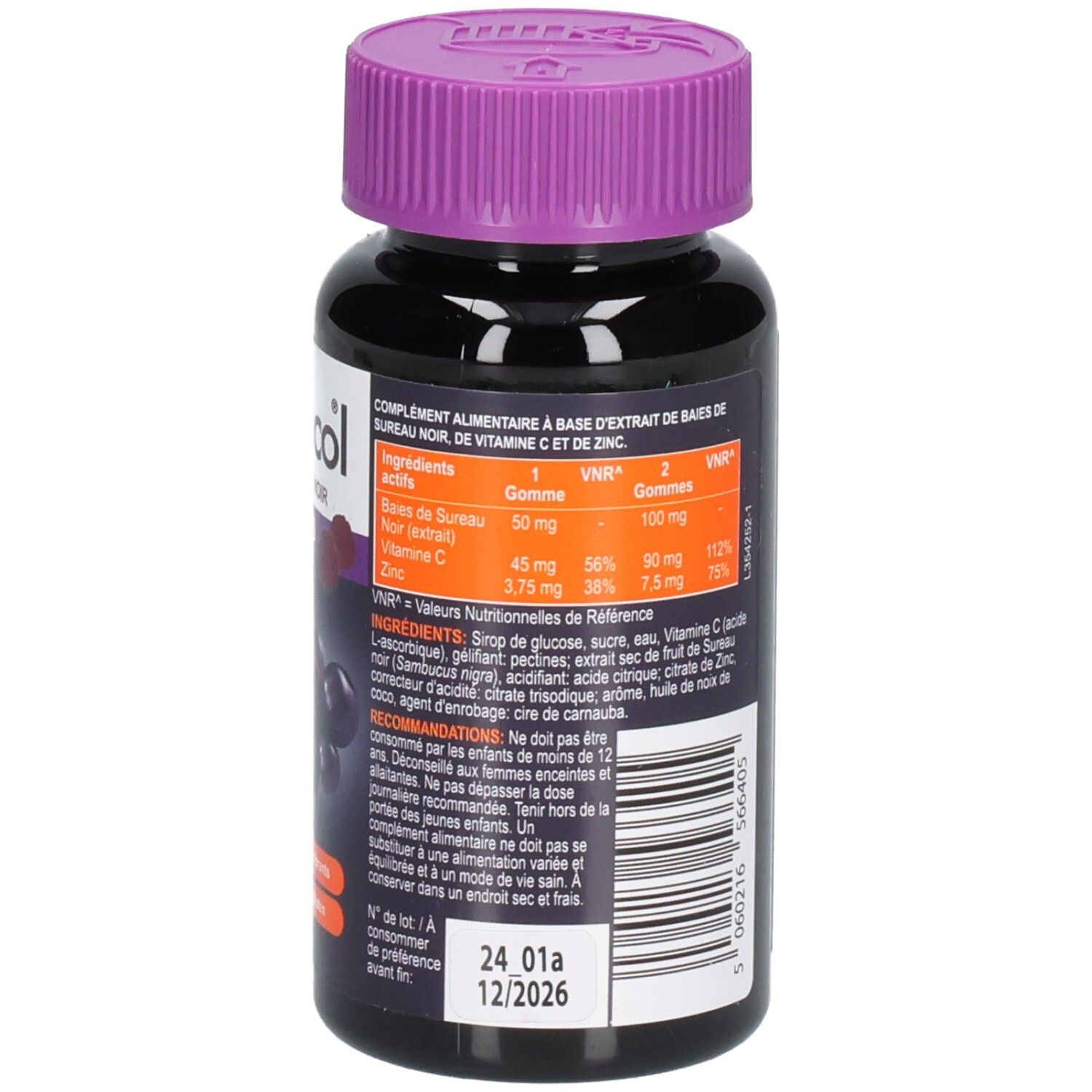 Dos du flacon noir avec bouchon violet. Texte: Sambucol, Immuno Forte, Défenses Naturelles. Ingrédients et DDM.