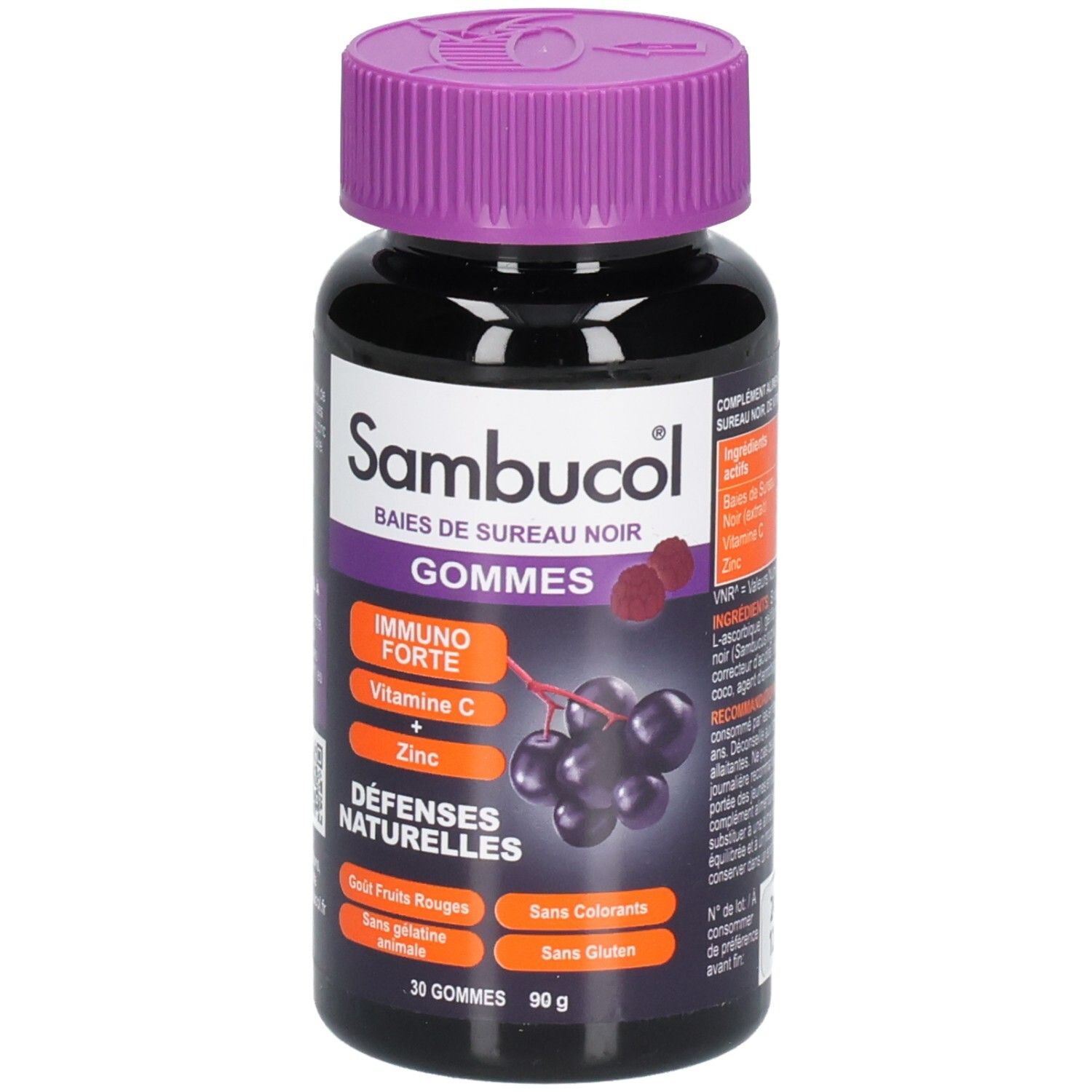 Flacon noir avec bouchon violet. Inscription: Sambucol, Immuno Forte, Vitamine C, Zinc, Défenses Naturelles. 30 gommes.