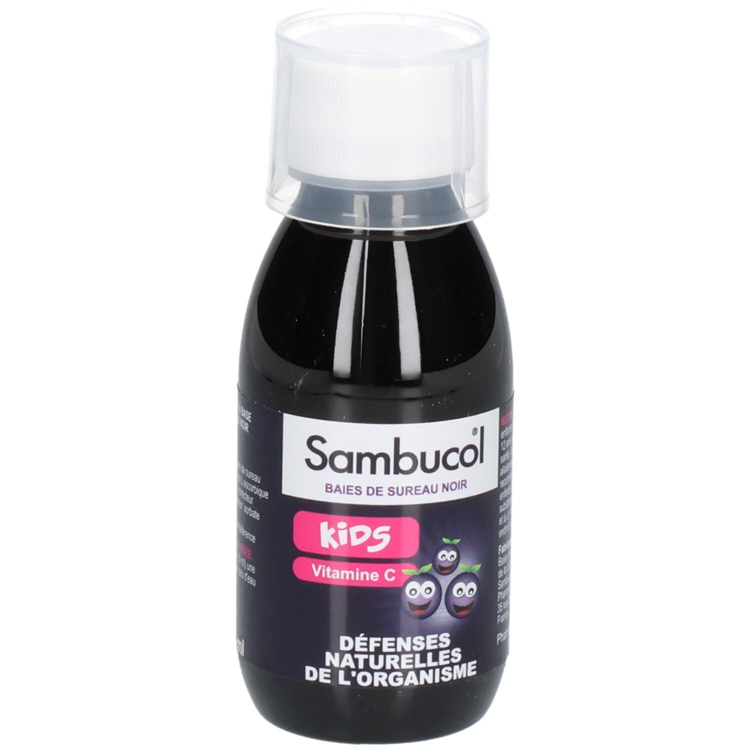 Flacon Sambucol Kids. Liquide noir avec bouchon blanc. Inscription: Défenses naturelles de l'organisme.