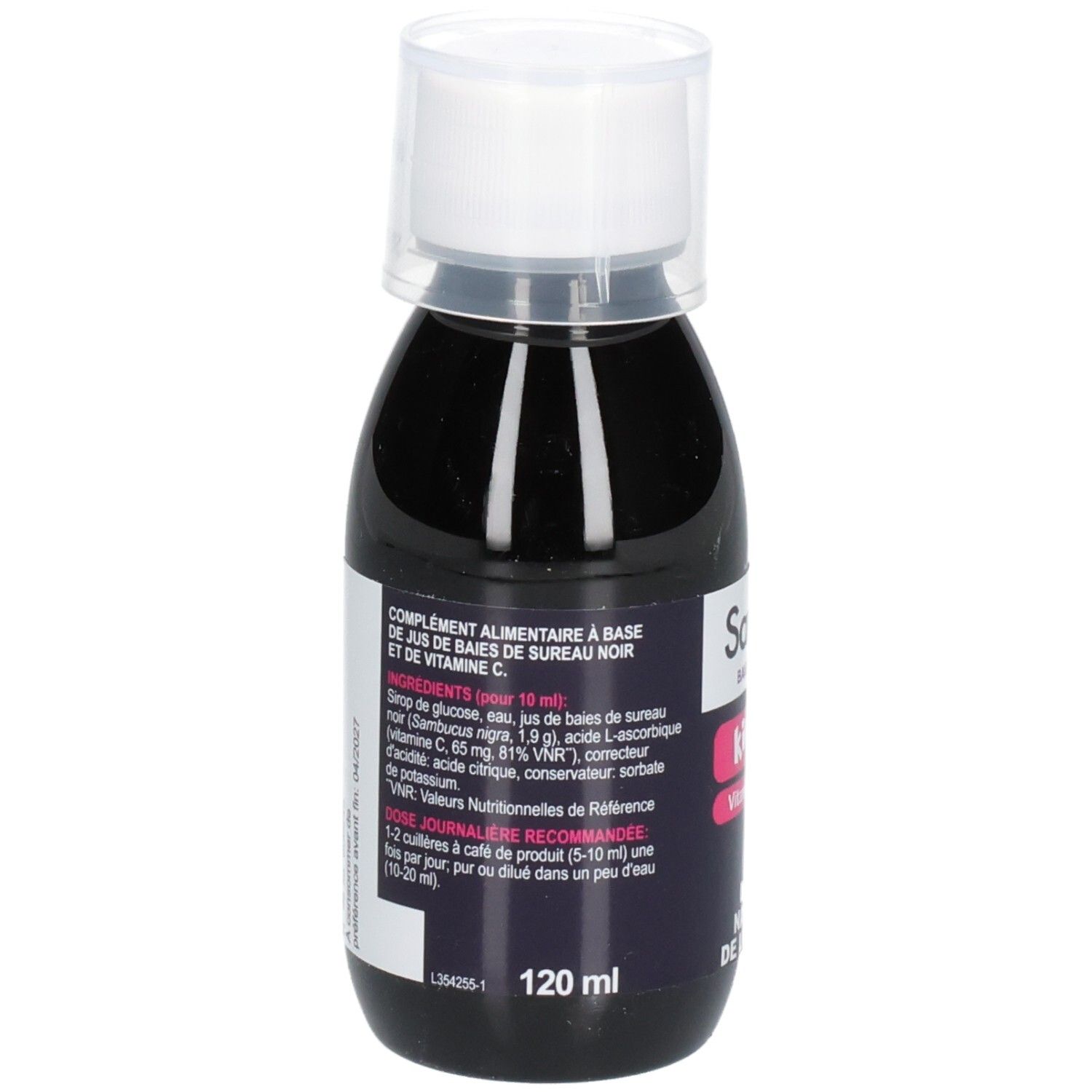 Flacon Sambucol Kids. Liquide noir avec bouchon blanc. Inscription: 120 ml.