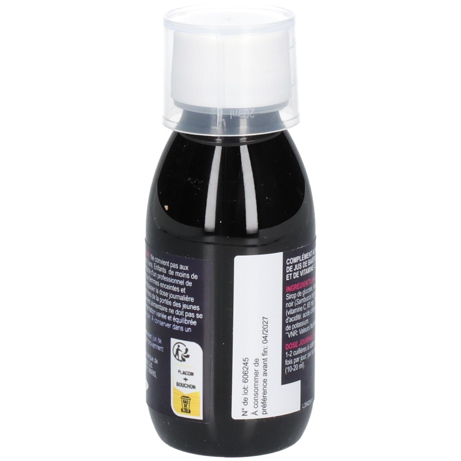 Flacon Sambucol Kids. Liquide noir avec bouchon blanc. Inscription: A consommer avant fin 04/2027.