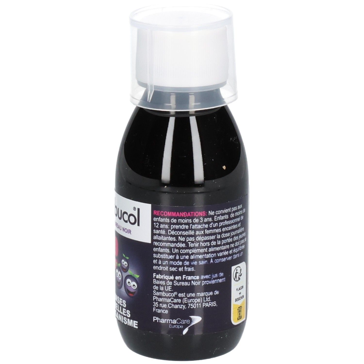Flacon Sambucol Kids. Liquide noir avec bouchon blanc. Inscription: Fabriqué en France.