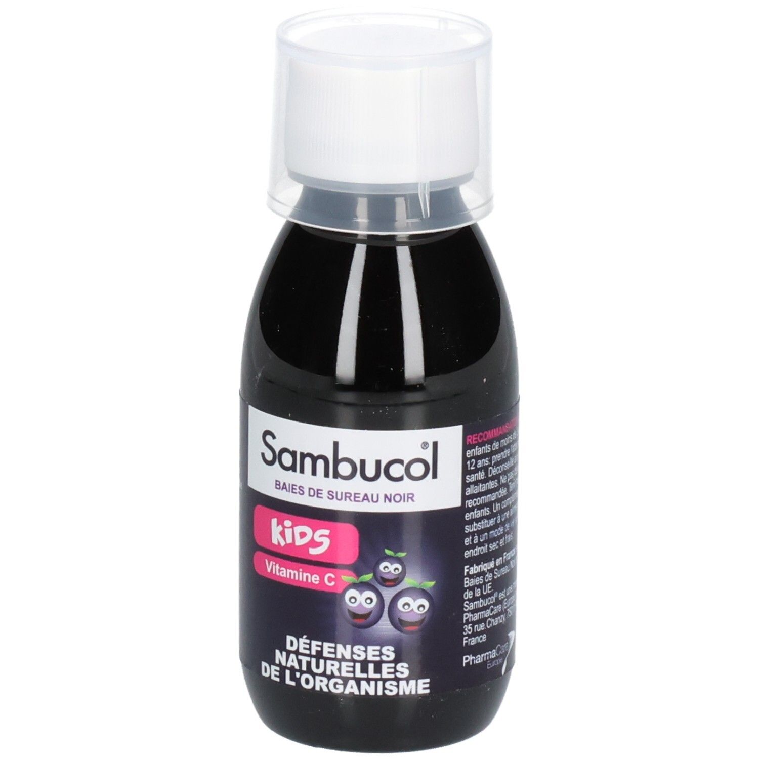 Flacon Sambucol Kids. Liquide noir avec bouchon blanc. Inscription: Défenses naturelles de l'organisme.