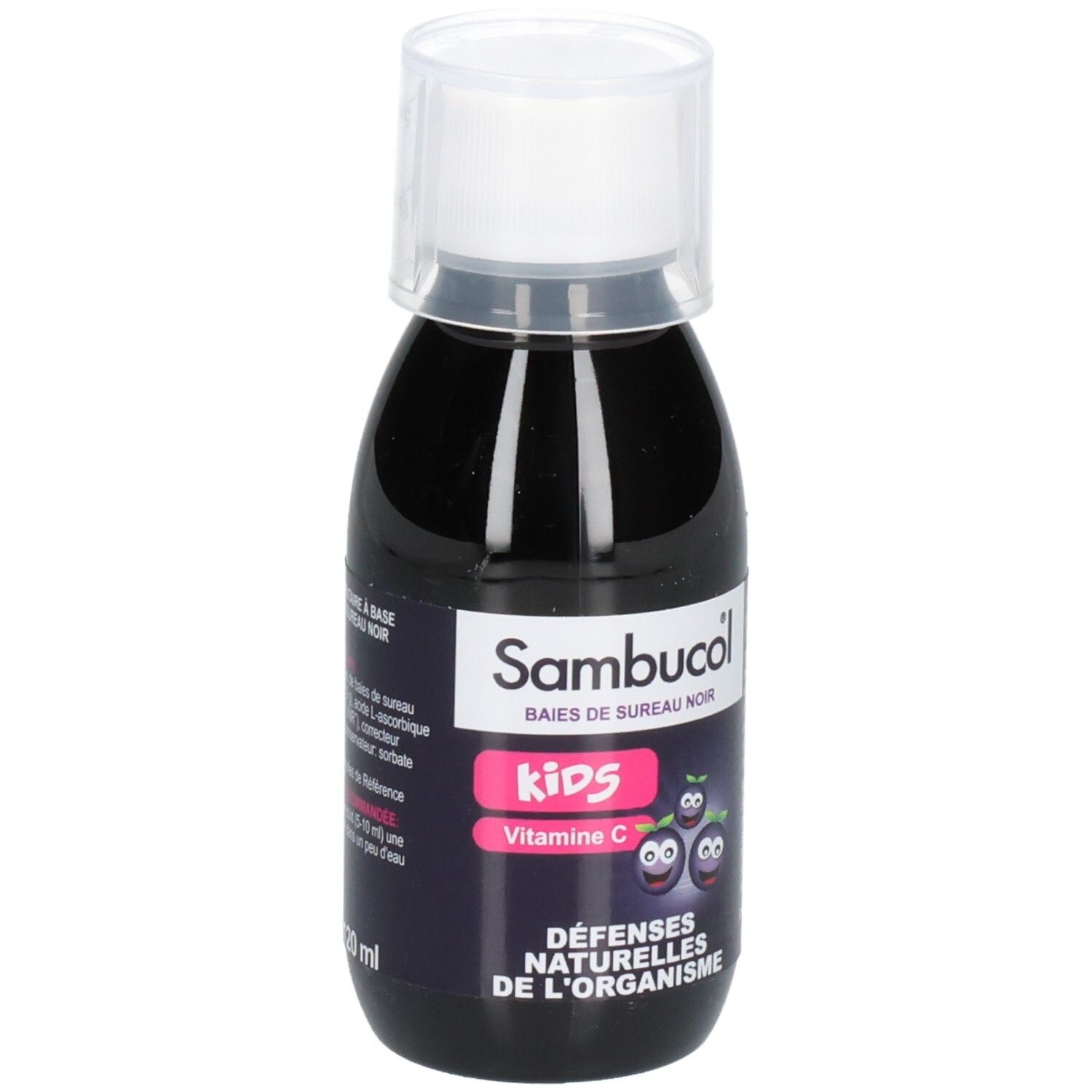 Flacon Sambucol Kids. Liquide noir avec bouchon blanc. Inscription: 120 ml.