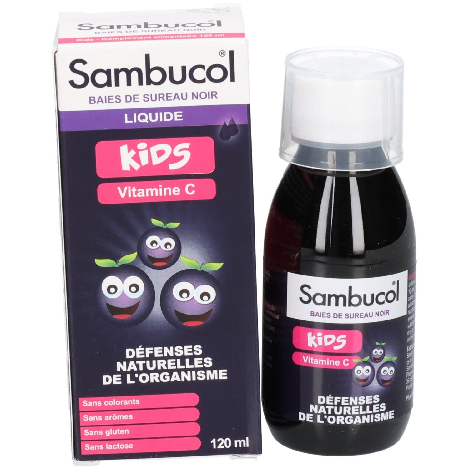 Flacon et boîte Sambucol Kids. Liquide noir, bouchon blanc. Boîte avec inscription: 120 ml.