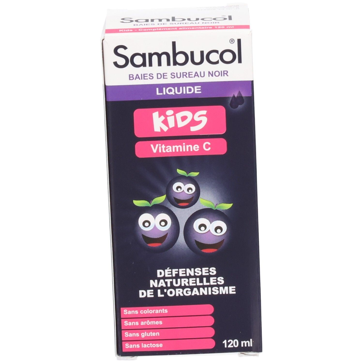 Boîte Sambucol Kids. Inscription: 120 ml. Avec illustration de fruits.