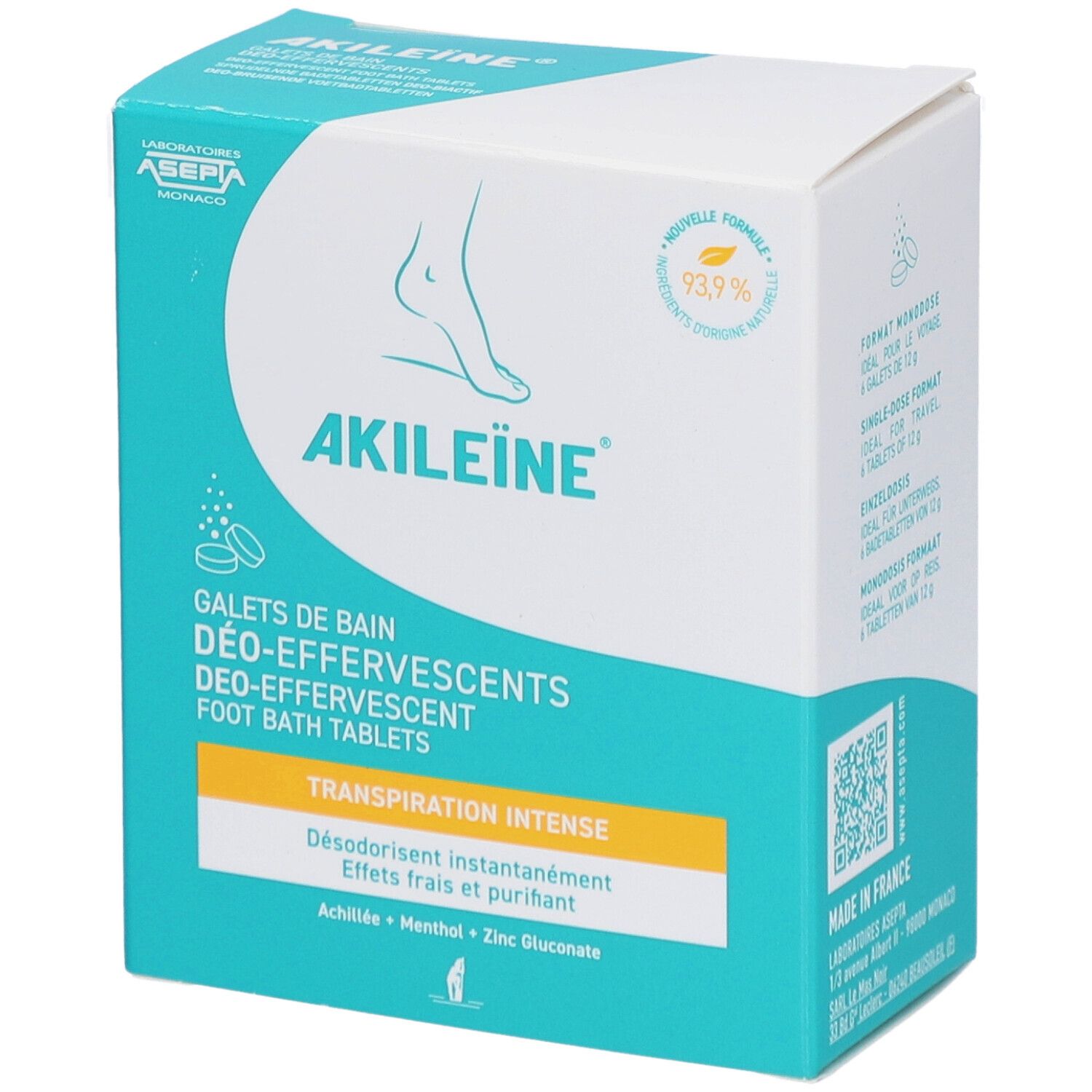 Boîte AKILEINE Galets de Bain. Design turquoise et blanc. Contient des comprimés pour bain de pieds. Texte: Transpiration Intense.