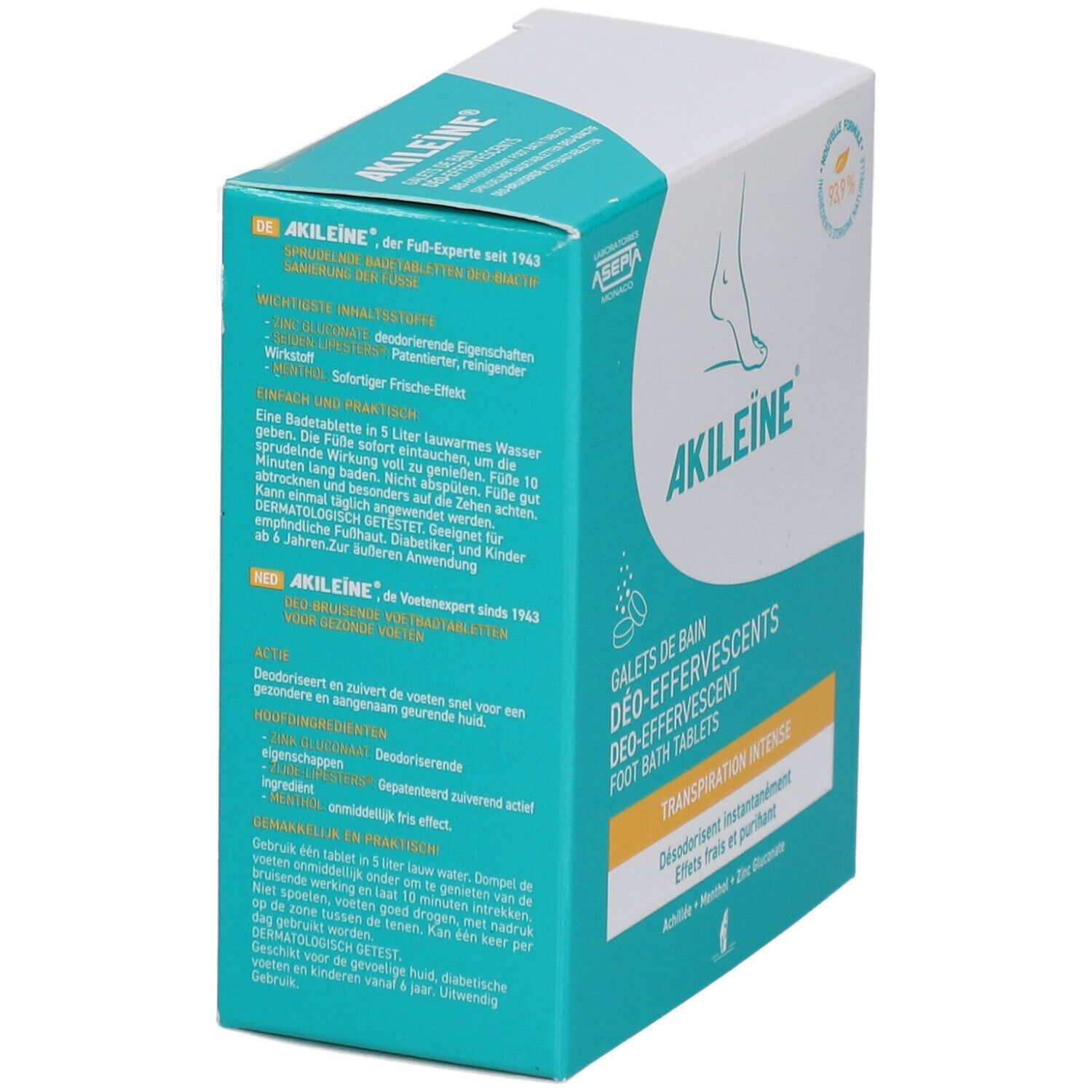 Boîte AKILEINE Galets de Bain. Design turquoise et blanc. Contient des comprimés pour bain de pieds. Texte multilingue. Vue latérale.