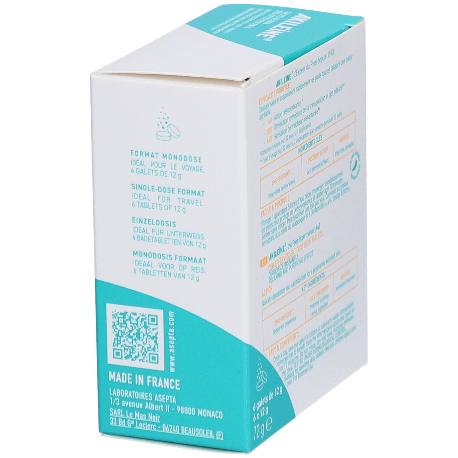 Boîte AKILEINE Galets de Bain. Contient 6 comprimés. Texte: Format monodose. Adresse du fabricant. Code QR.