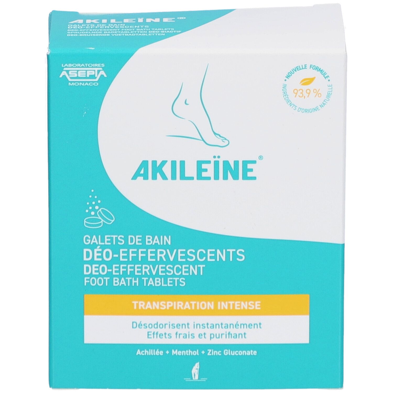 Boîte AKILEINE Galets de Bain. Design turquoise et blanc. Contient des comprimés pour bain de pieds. Texte: Transpiration Intense. 93,9% formule naturelle.