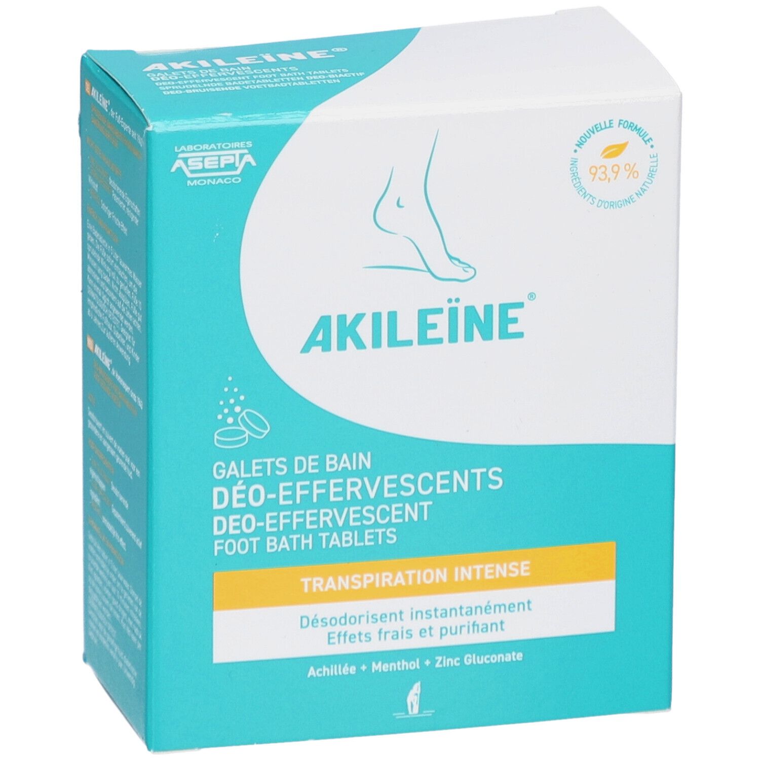 Boîte AKILEINE Galets de Bain. Design turquoise et blanc. Contient des comprimés pour bain de pieds. Texte: Transpiration Intense. Vue de face.