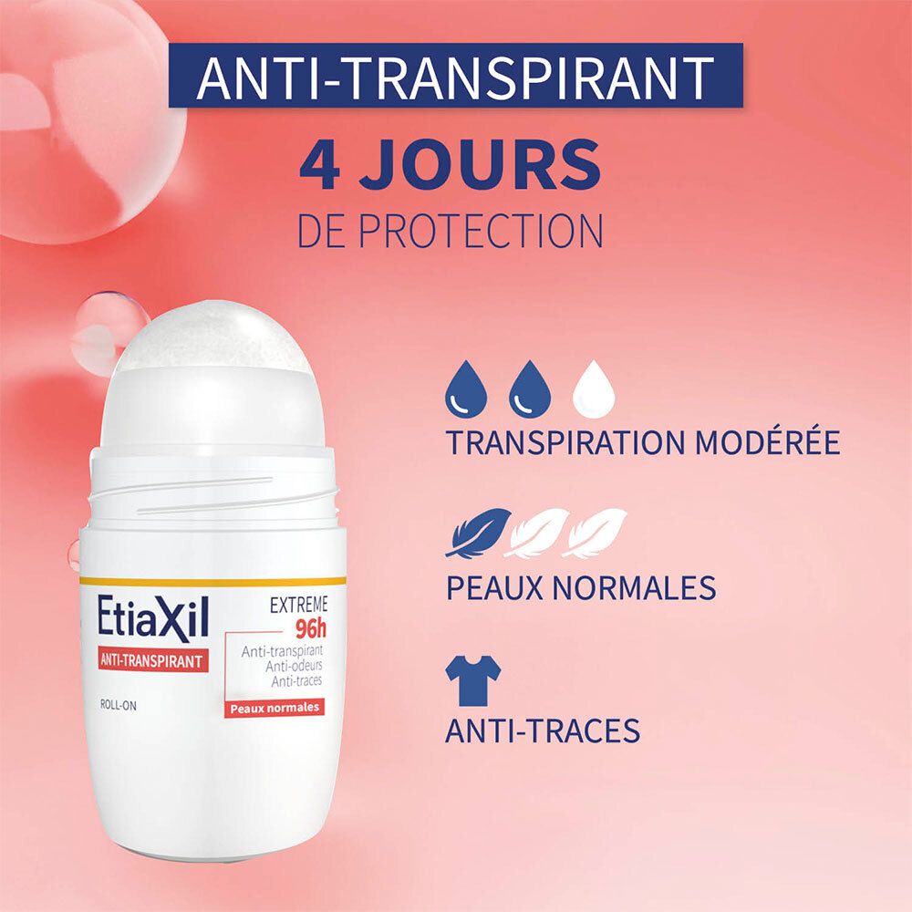 ETIAXIL - Déodorant Anti-transpirant - Transpiration Modérée - Aisselles - Extrême 96h - Peaux Normales - Efficacité 96h - Roll on - 50 ml