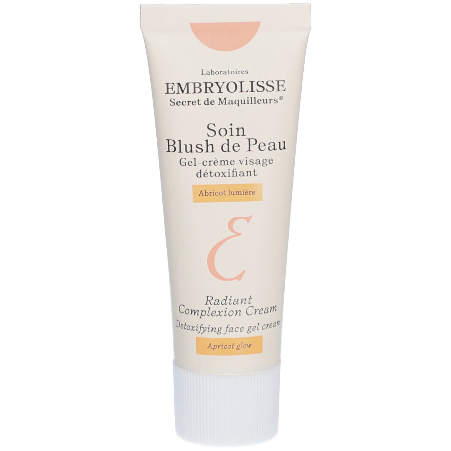 Tube de crème avec nom du produit et de la marque. Tube beige avec bouchon blanc. Texte: Soin Blush de Peau, Apricot lumière.