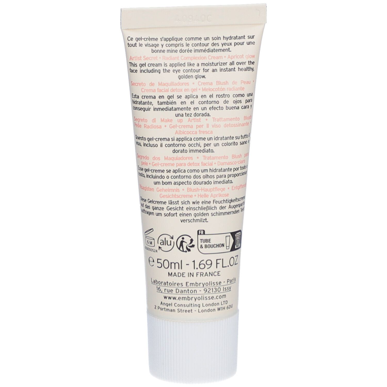 Dos du tube de crème. Texte multilingue. Volume: 50 ml. Fabriqué en France. Ingrédients et adresse du fabricant.