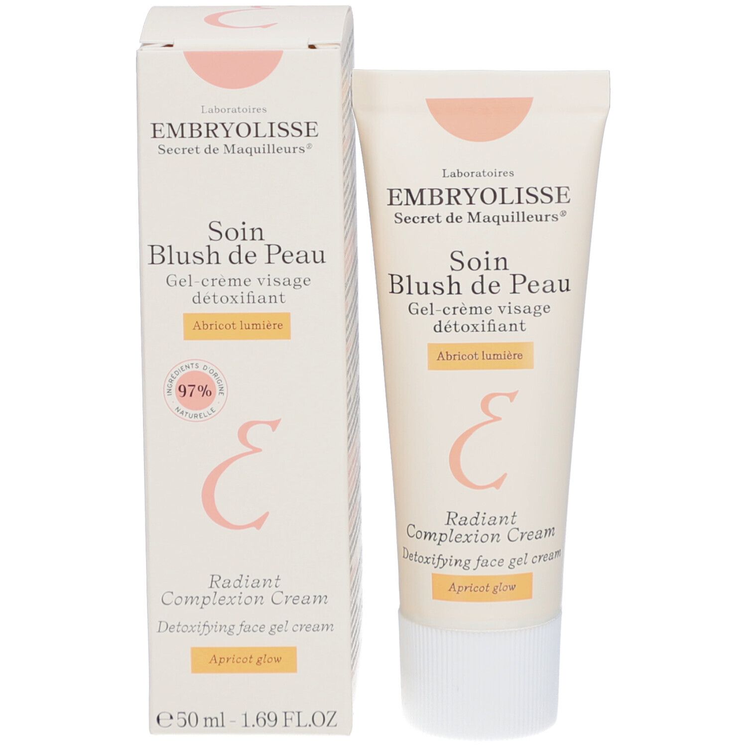 Emballage du produit avec tube et boîte. Tube et boîte avec nom du produit et de la marque. Texte: Soin Blush de Peau, Apricot lumière.