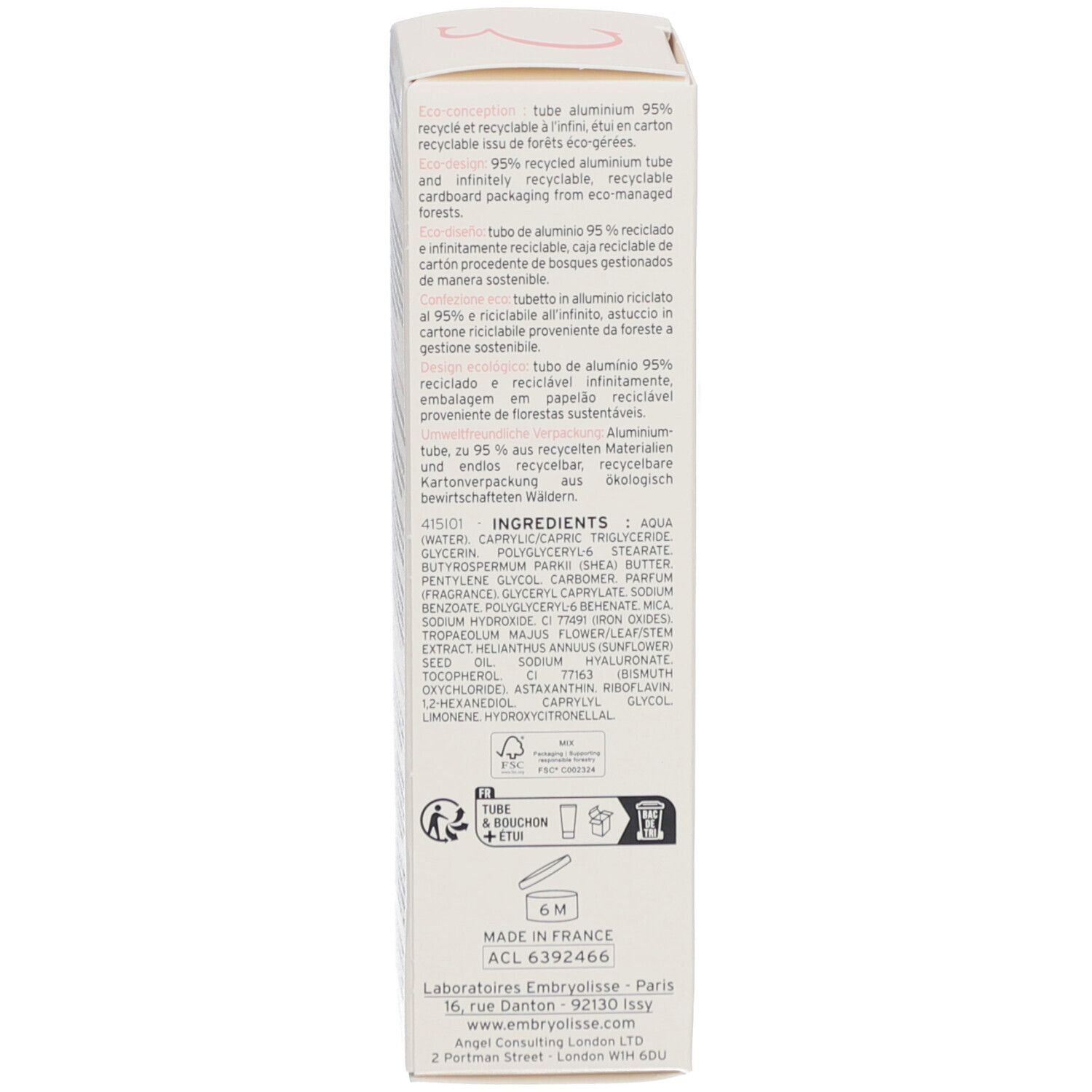 Dos de l'emballage du produit. Texte multilingue. Ingrédients, informations de recyclage et adresse du fabricant.