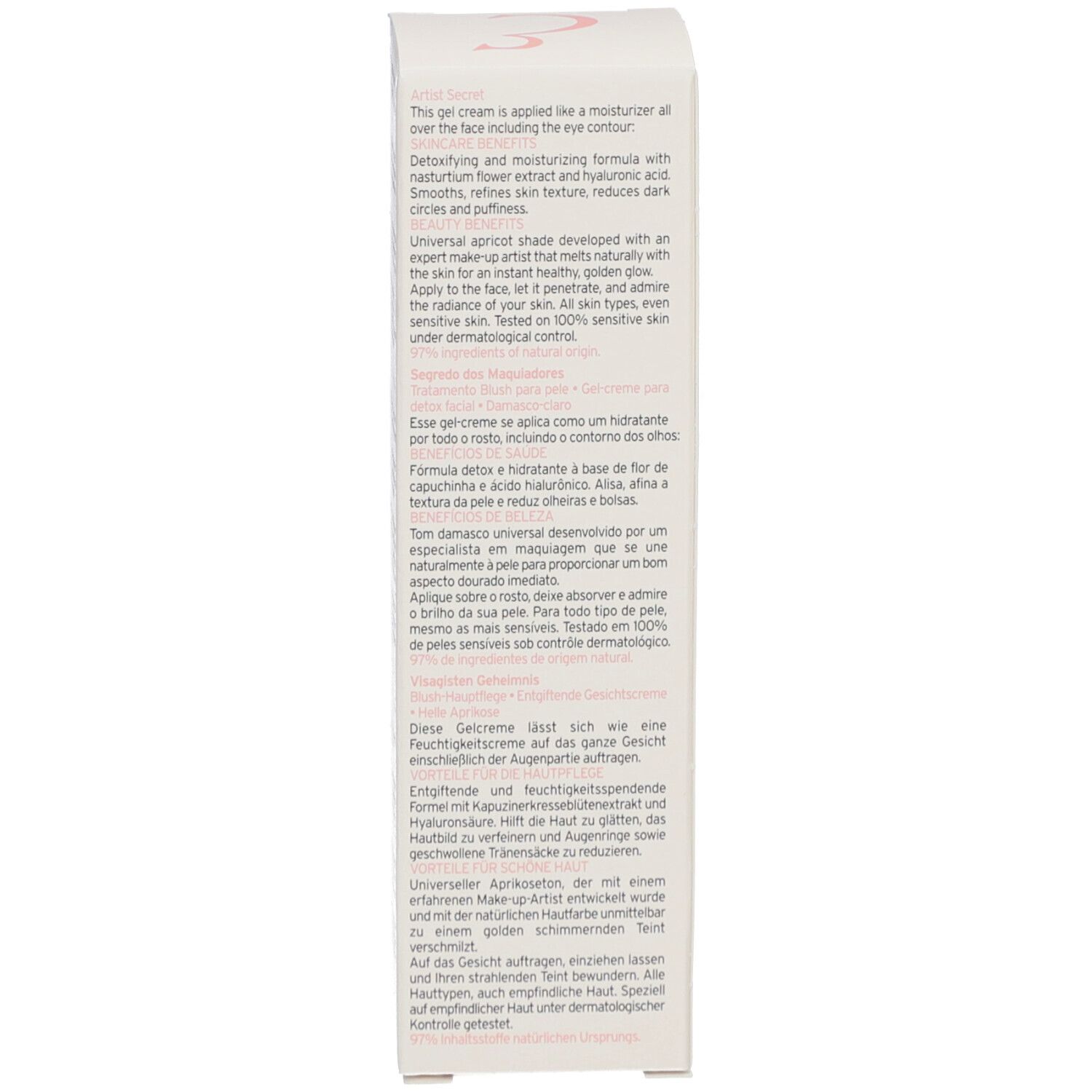 Côté de l'emballage du produit. Texte multilingue. Description du produit, instructions d'utilisation et adresse du fabricant.