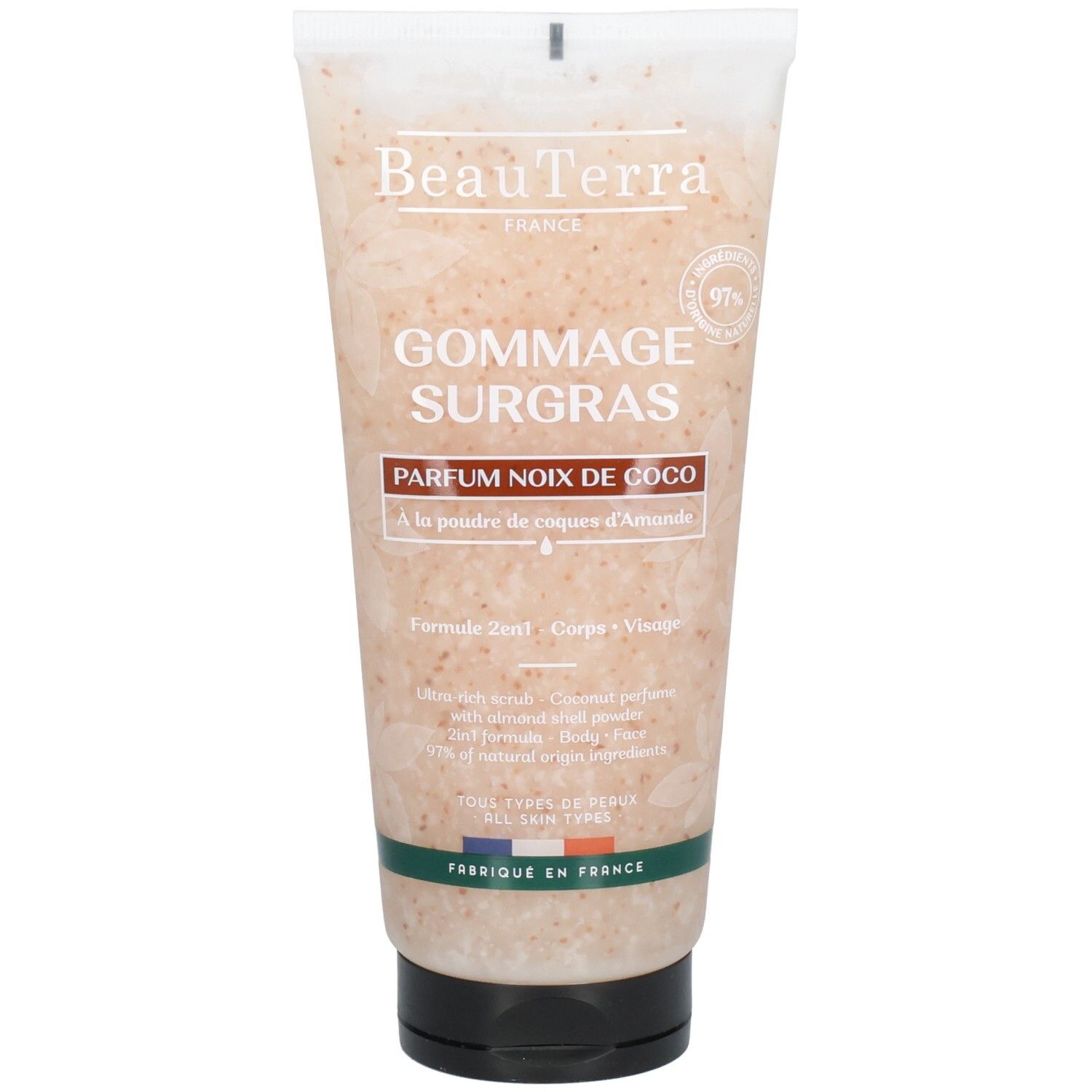 Beauterra Gommage surgras Noix de Coco. Tube avec texte, parfum noix de coco. 97% ingrédients naturels. Corps et visage.