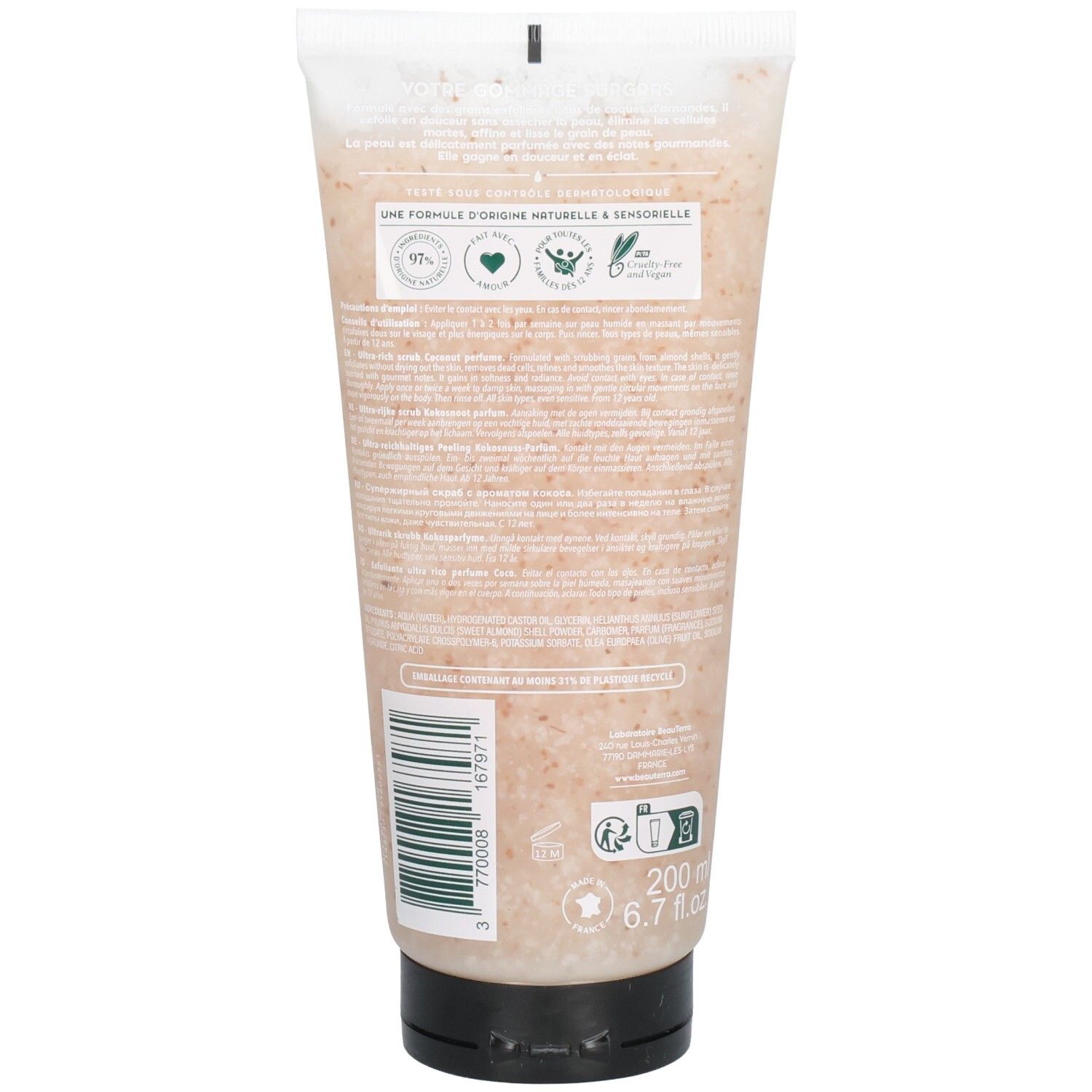 Dos du tube Beauterra Gommage surgras Noix de Coco. Texte, 200 ml, 6.7 fl.oz. Vegan, naturel, sans tests sur animaux.