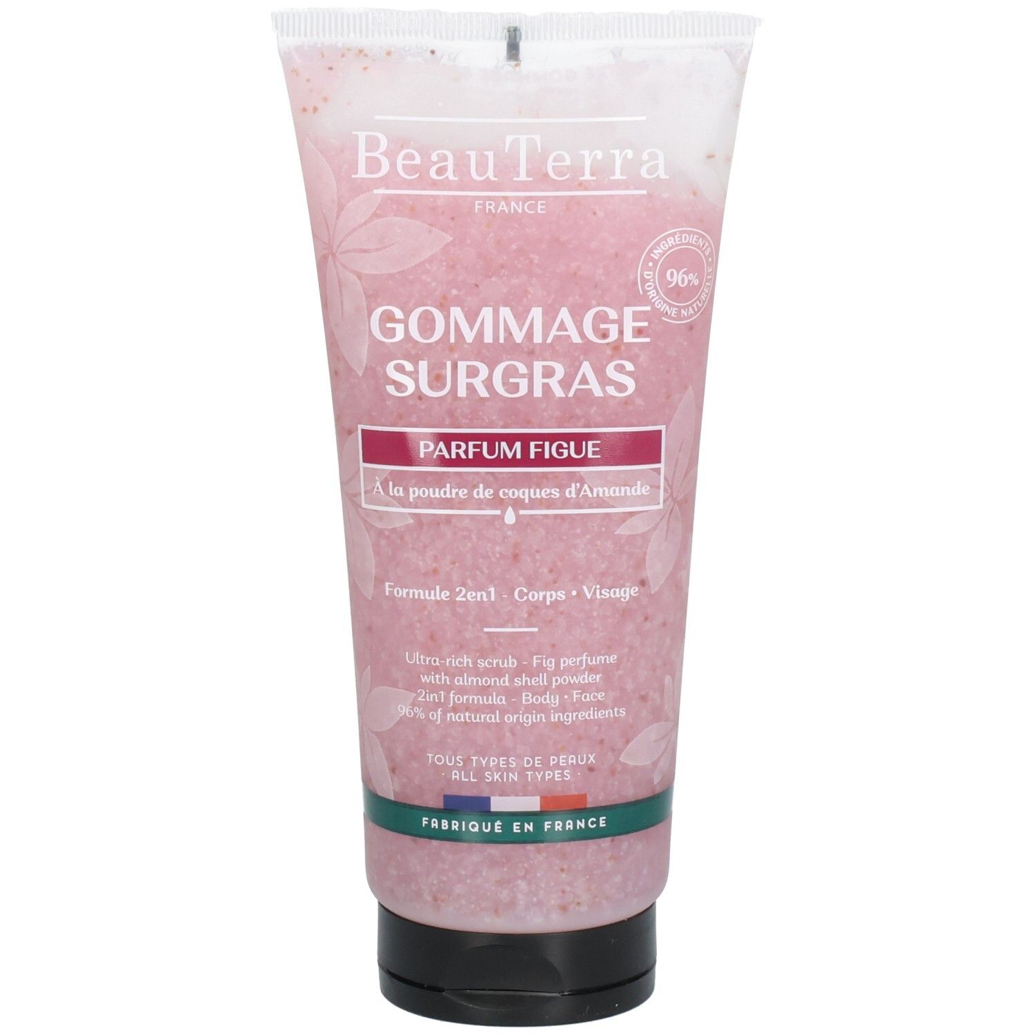 Tube de gommage Beauterra surgras. Parfum Figue. Formule 2 en 1 pour corps et visage. Contient poudre de coques d'amande. Ingrédients naturels.