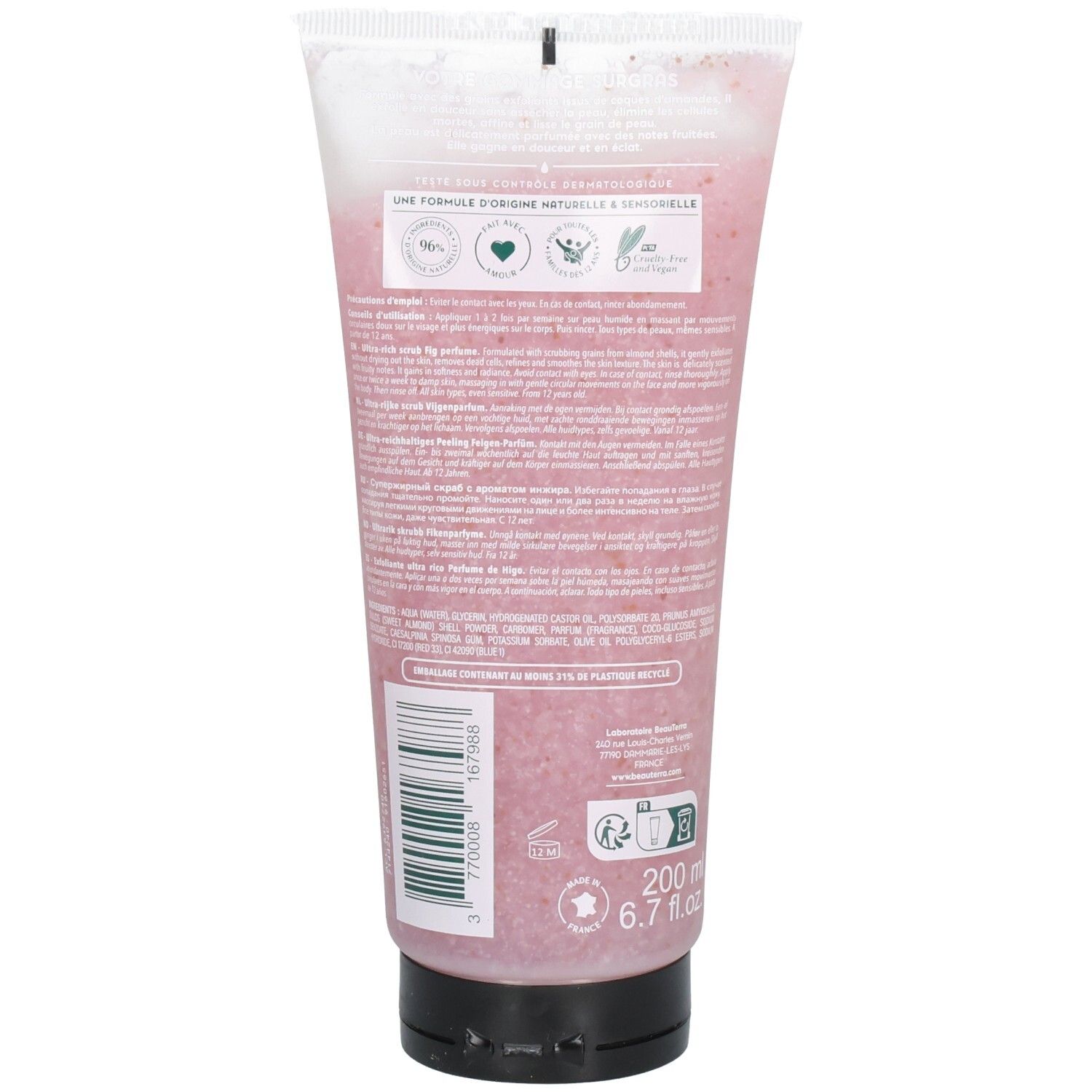 Dos du tube de gommage Beauterra surgras. Texte: 200 ml, 6.7 fl.oz. Ingrédients naturels. Certifications: Cosmos Natural, Vegan.