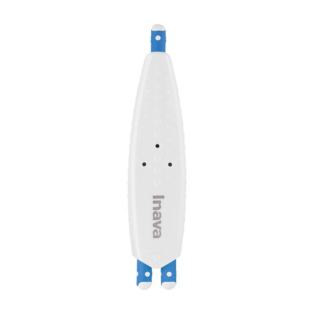 Dispositif blanc allongé avec accents bleus. Logo Inava. Trois petits trous. Surface supérieure texturée.