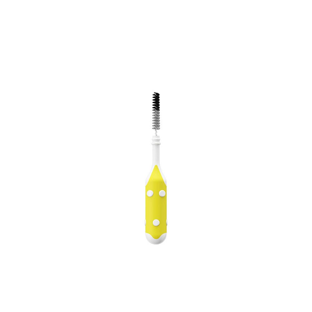 Brosse jaune, manche blanc, tête noire. Pour espaces interdentaires. Vue détaillée, pièce unique.