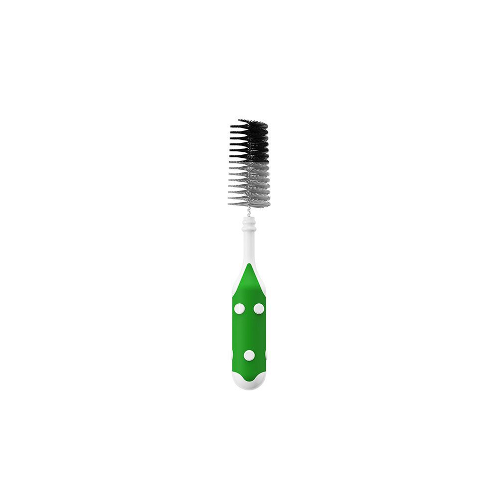 Brosse interdentaire unique, manche vert à pois blancs. Soies noires et grises. Tige blanche.