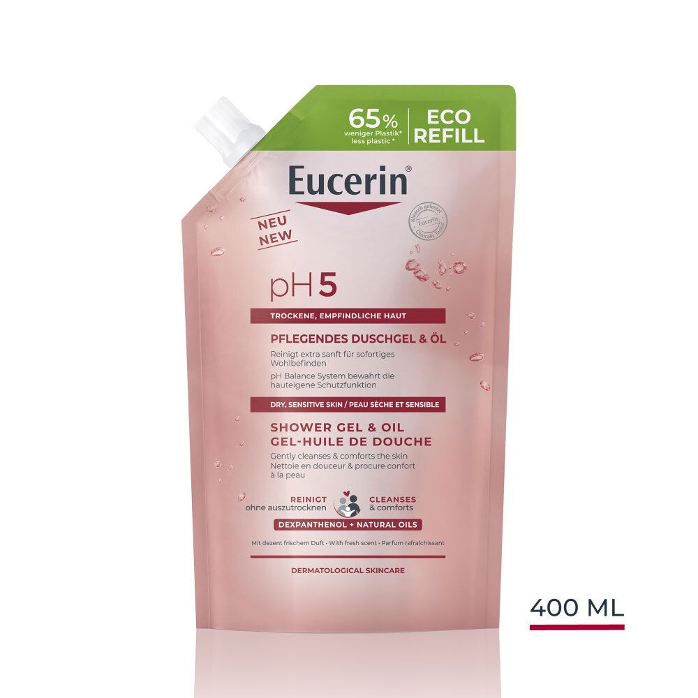 Recharge rose Eucerin pH5. Texte: pH5, peau sèche et sensible, gel-huile de douche. 400 ml.