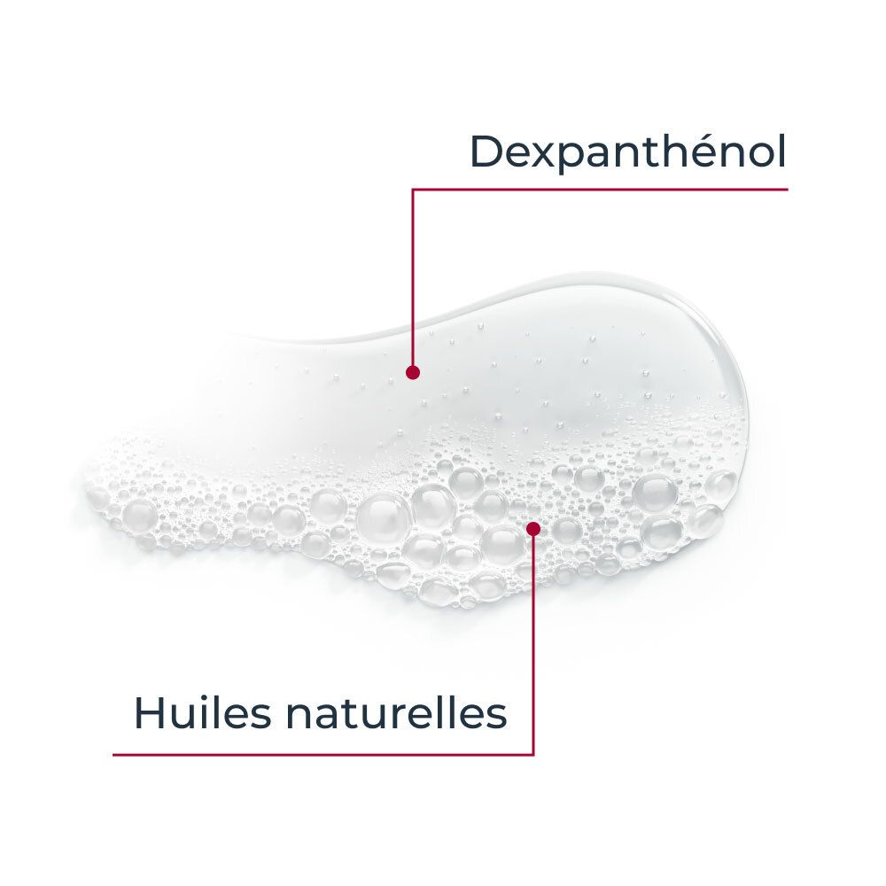 Gros plan sur des bulles de savon. Texte: Dexpanthénol, huiles naturelles.