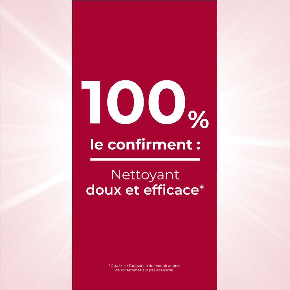 Texte sur fond rouge: 100% confirment: Nettoyant doux et efficace.