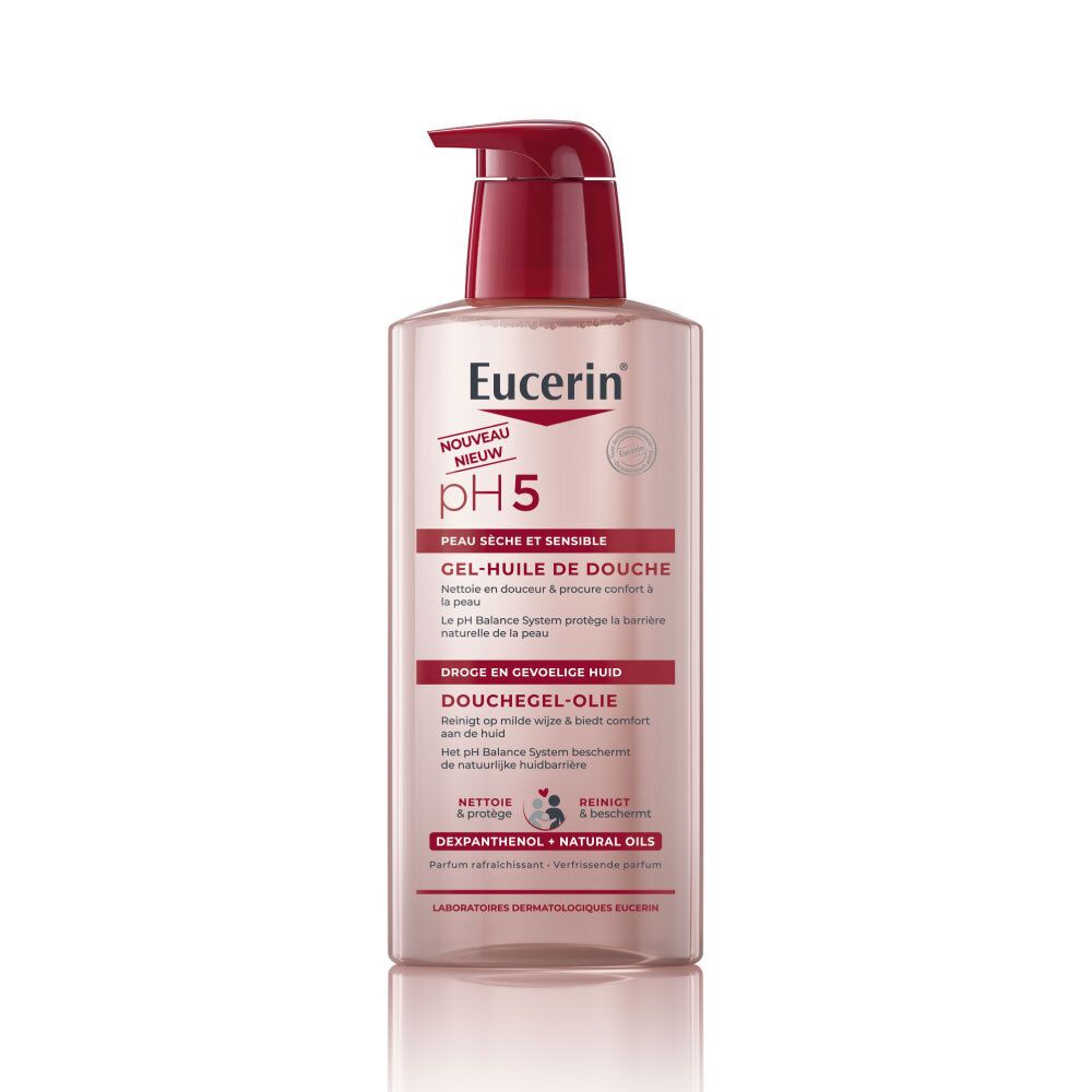 Flacon de Eucerin pH5 Gel-Huile de Douche. Liquide rose avec pompe rouge. Texte : pH5, Peau sèche et sensible, Douchegel-Olie.
