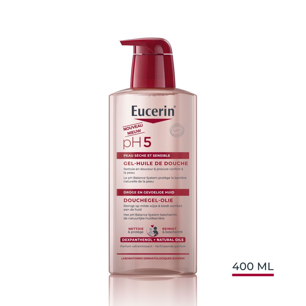 Flacon de Eucerin pH5 Gel-Huile de Douche. Liquide rose avec pompe rouge. Texte : pH5, Peau sèche et sensible, 400 ml.