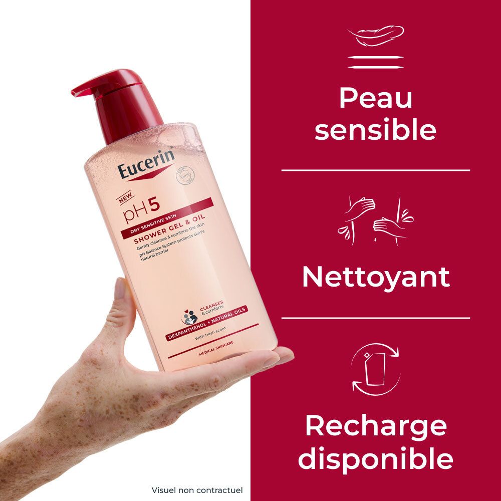 Main tenant un flacon de Eucerin pH5 Gel-Huile de Douche. Texte : pH5, Peau sèche et sensible, Nettoyant, Recharge disponible.