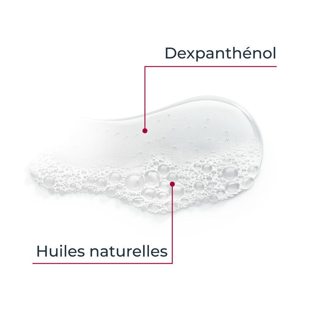 Gros plan sur un liquide avec des bulles. Texte : Dexpanthenol, Huiles naturelles.