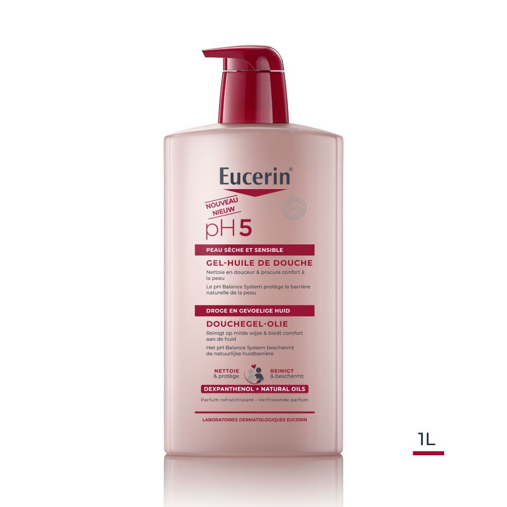 Flacon rose avec pompe rouge. Texte: Eucerin pH5, Gel-Huile de Douche. Marque 1L.