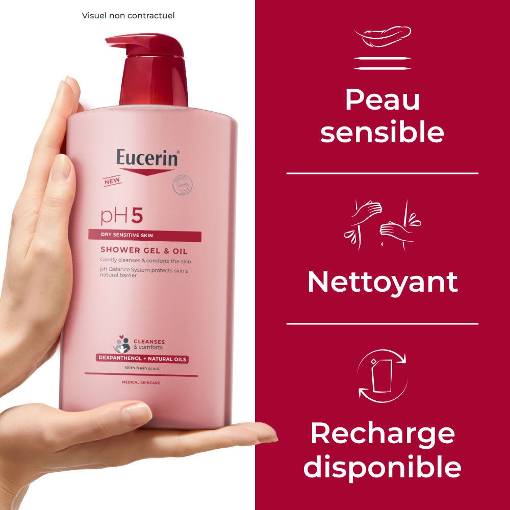 Main tenant flacon rose avec pompe rouge. Texte: Eucerin pH5, Shower Gel & Oil. Pour peaux sensibles. Symboles.