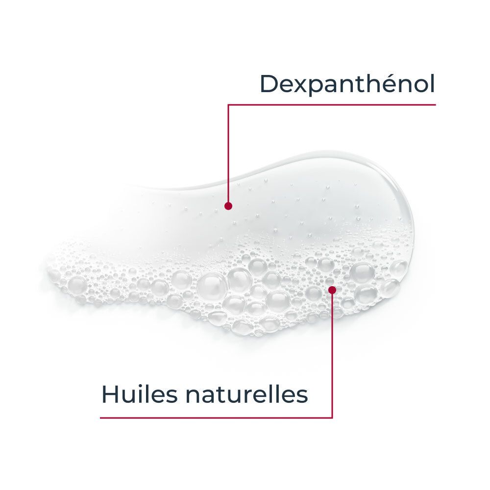 Gros plan sur liquide avec bulles. Texte: Dexpanthénol, huiles naturelles.