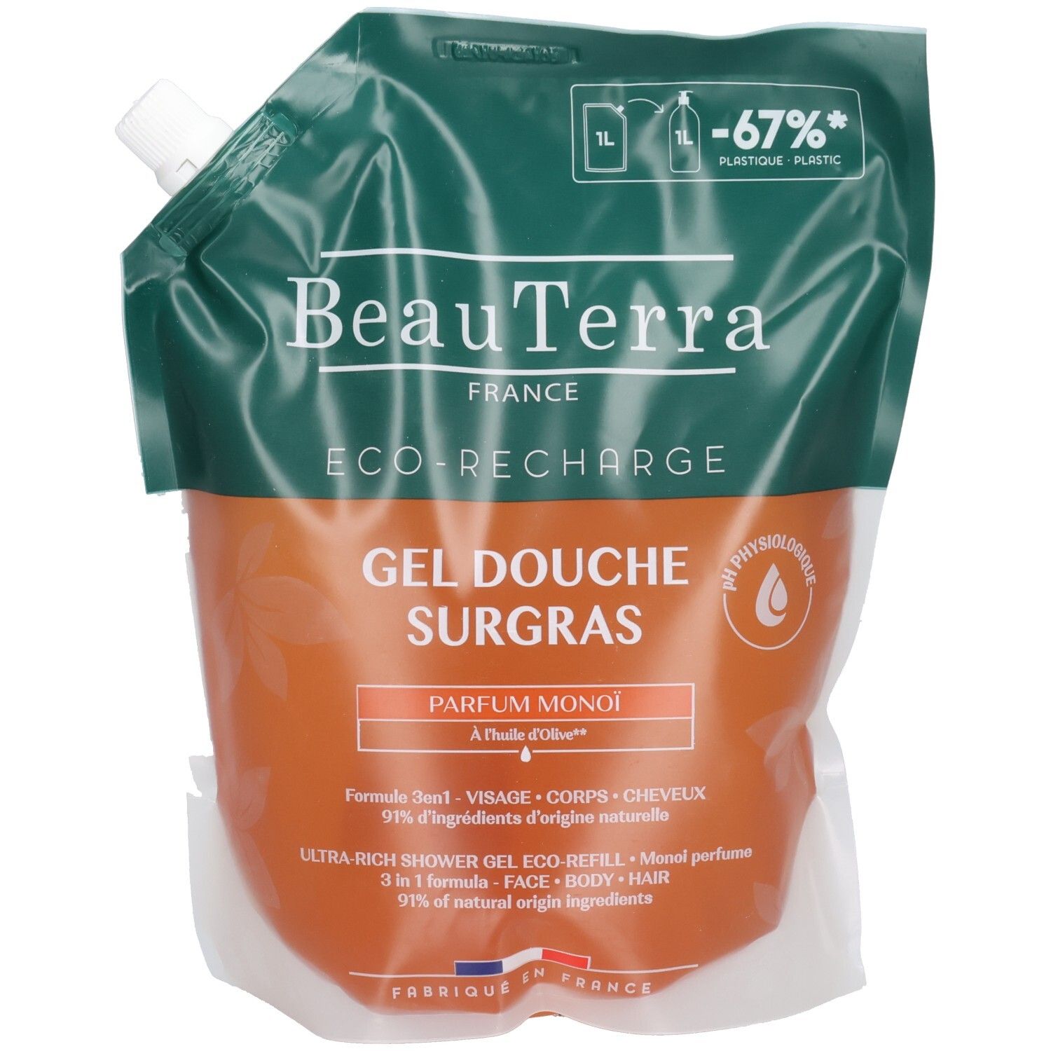 Recharge de gel douche surgras Beauterra Monoï. Sachet orange et vert. Inscription : Gel douche surgras, Parfum Monoï.