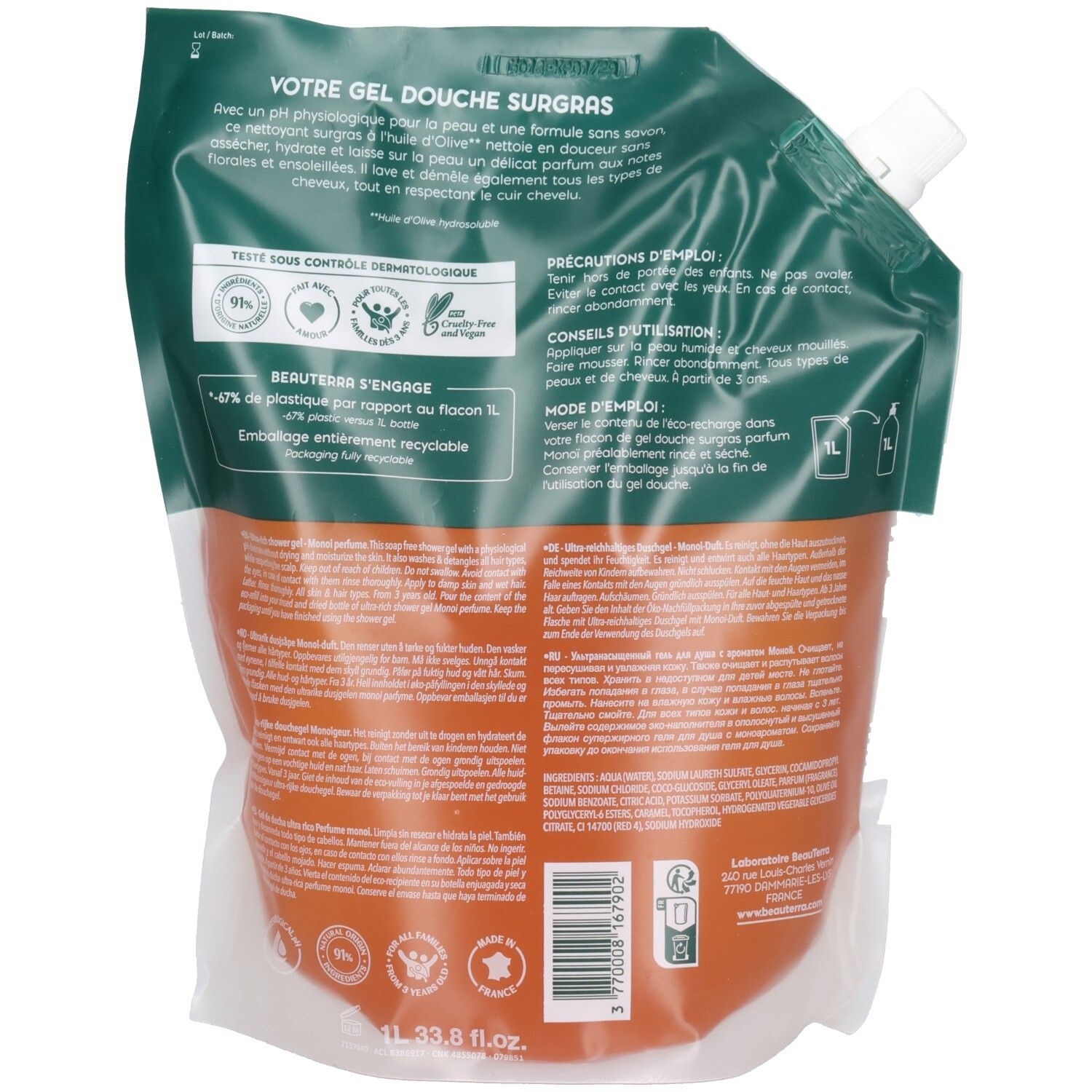 Dos de la recharge de gel douche surgras Beauterra Monoï. Texte et logos. Sachet vert et orange avec bouchon blanc.