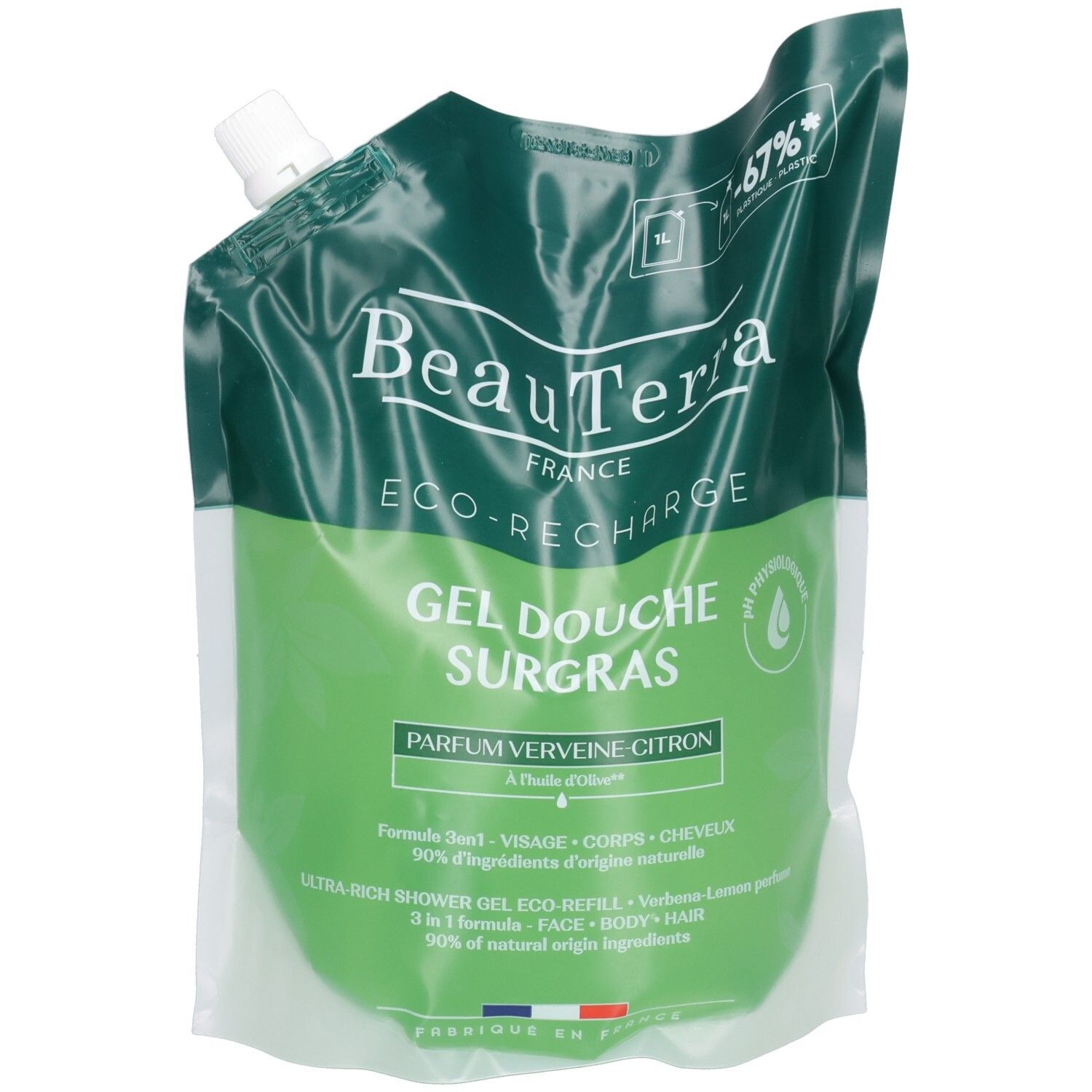 Recharge de gel douche. Emballage vert et blanc avec nom du produit et informations. Contient 90% d'ingrédients naturels.