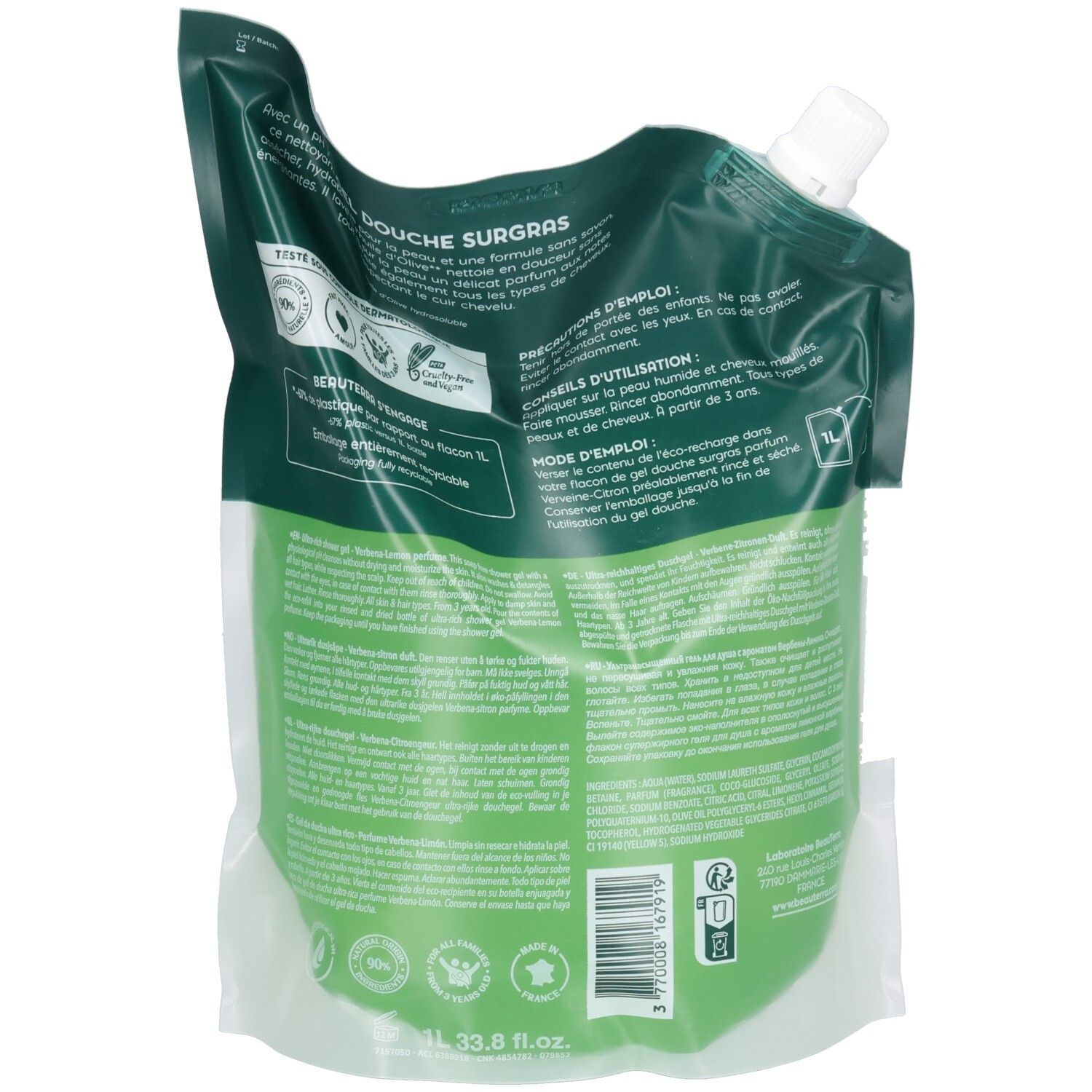 Dos de la recharge de gel douche. Informations textuelles multilingues. Emballage vert et blanc.