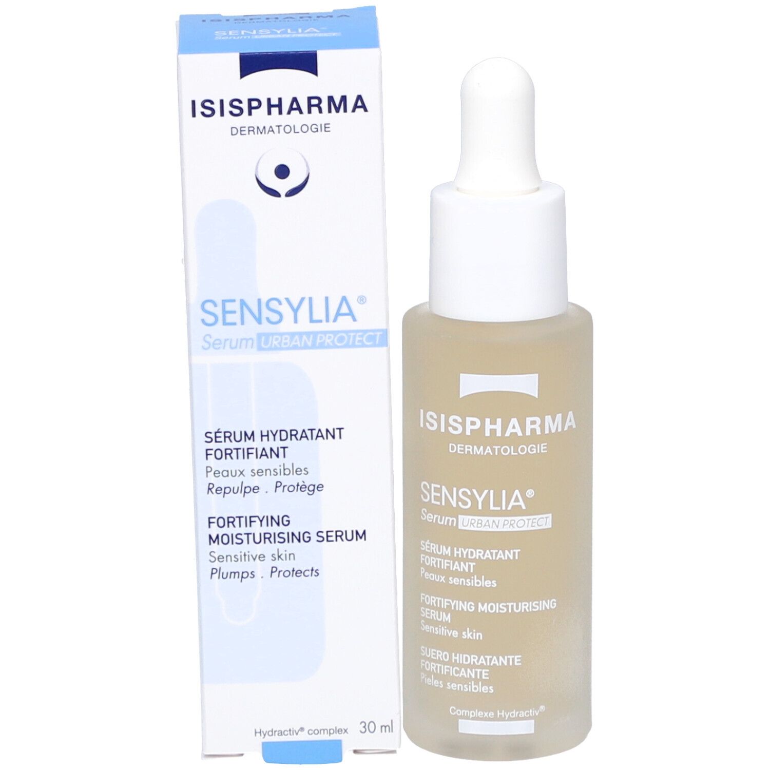Flacon de sérum et emballage. ISISPHARMA Sensylia Serum Urban Protect. 30 ml.