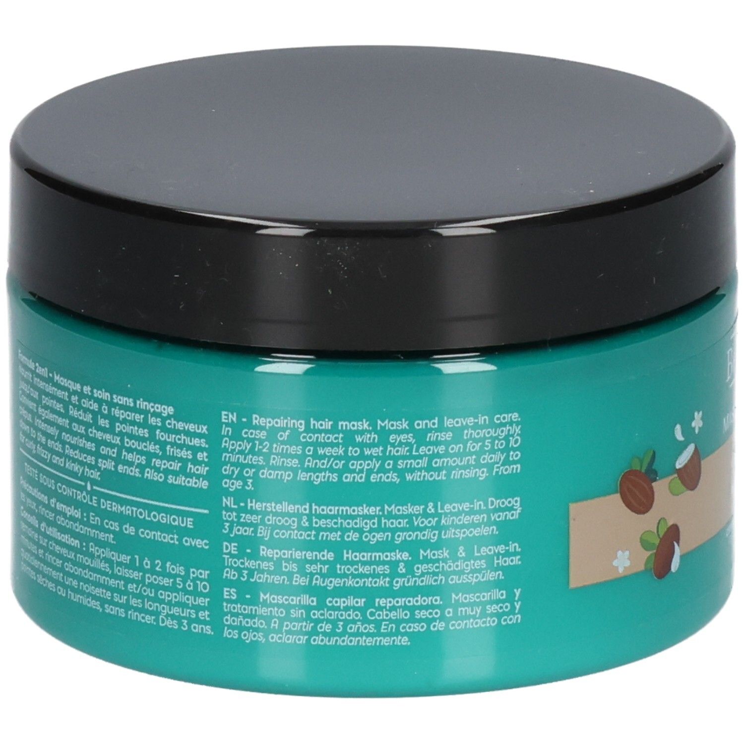 Pot rond, couvercle noir. Texte multilingue: instructions d'utilisation, ingrédients, avertissements. Illustration d'amandes et noix de coco.