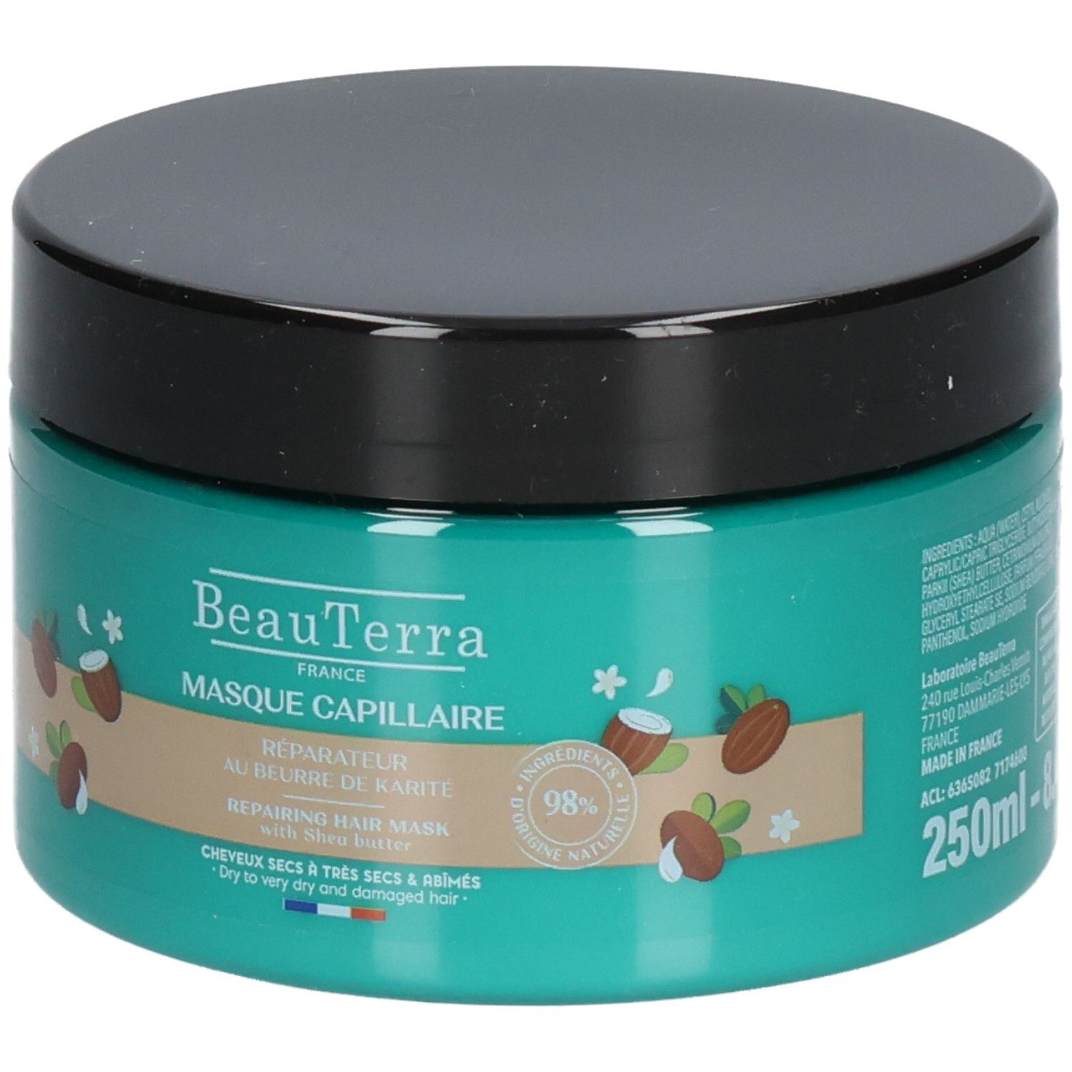 Pot rond, couvercle noir. Inscription: Beauterra, Masque Capillaire, Réparateur au beurre de karité. 250ml. 98% ingrédients naturels.