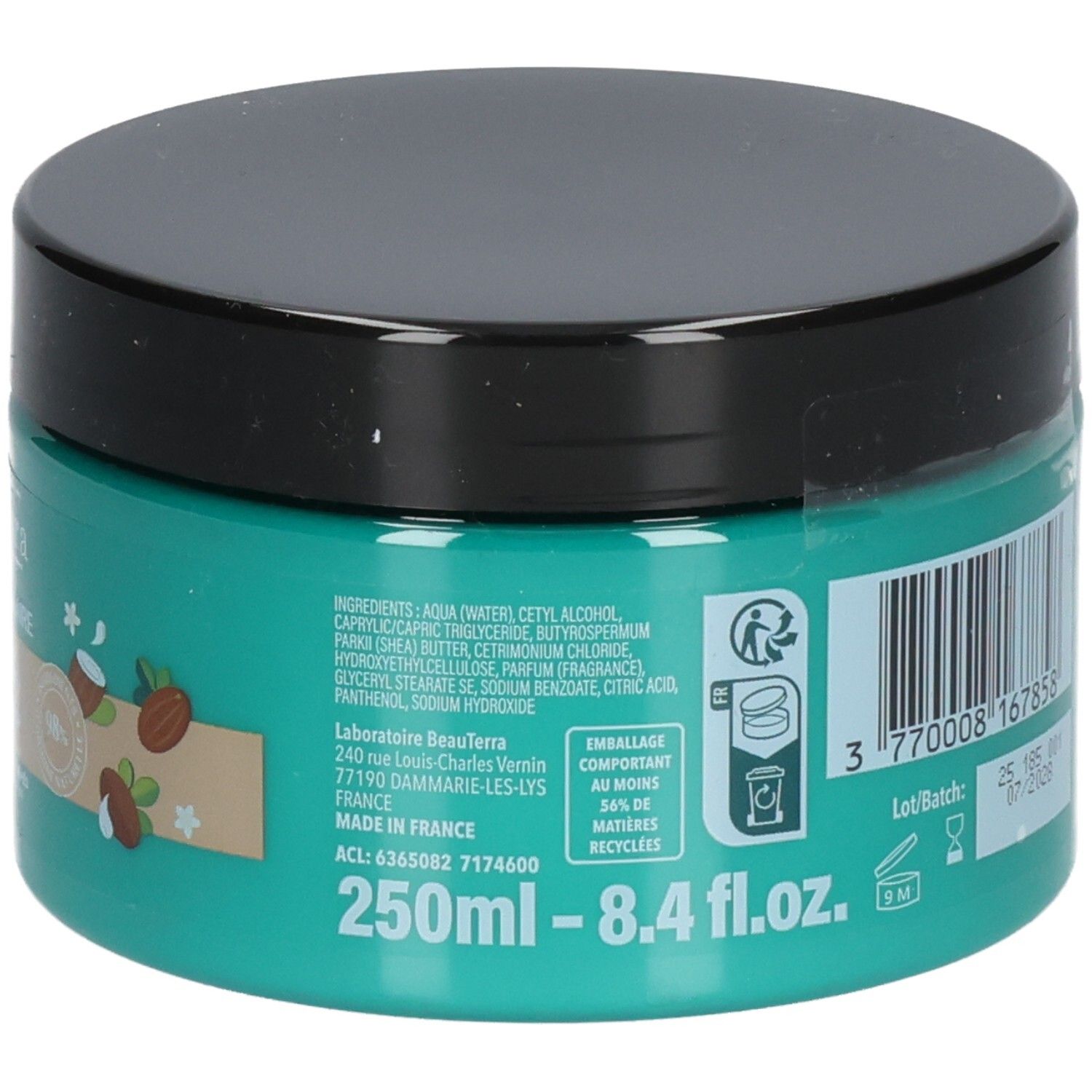 Pot rond, couvercle noir. Inscription: ingrédients, adresse du fabricant, 250ml - 8.4 fl.oz. Emballage recyclable.