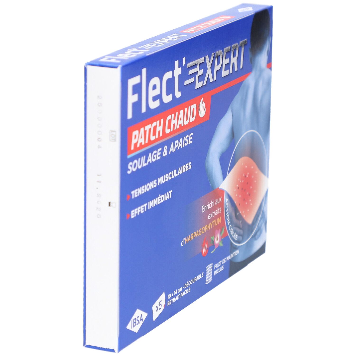 Emballage bleu du produit, vu en biais. Inscription: Flect'Expert Patch Chaud. Illustration d'un dos avec patch rouge.