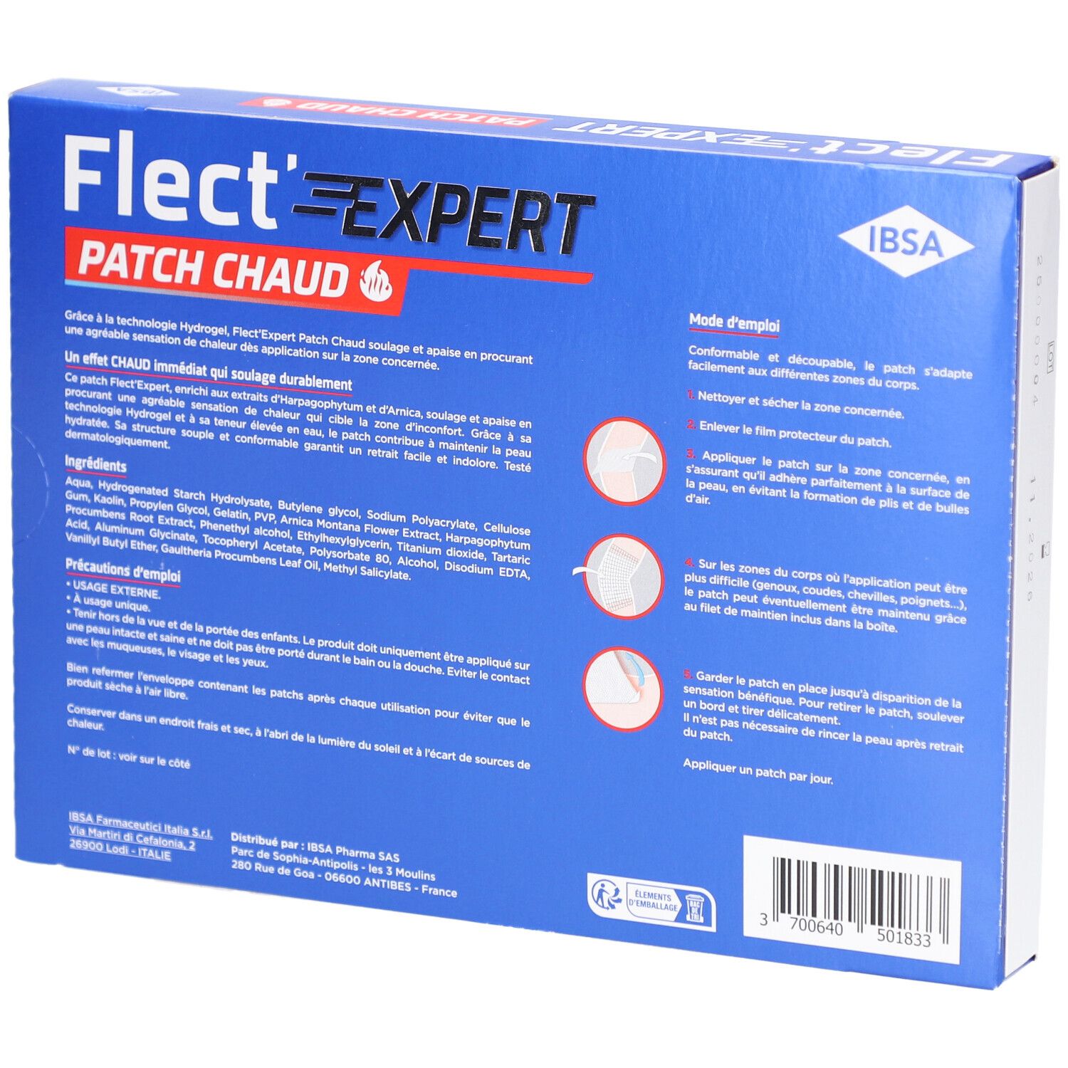 Dos de la boîte Flect'Expert Patch Chaud. Contient des informations sur l'utilisation et les ingrédients.