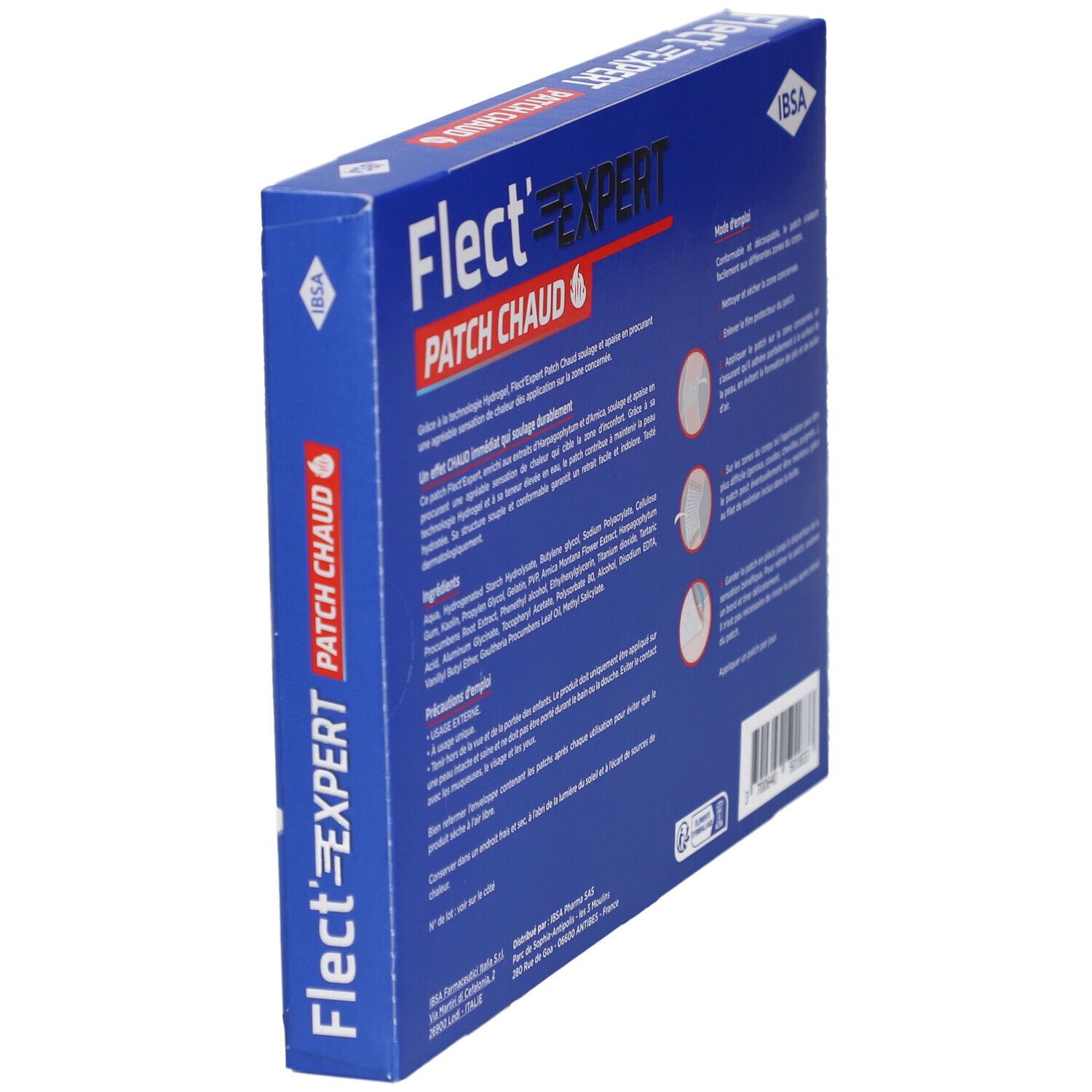 Emballage bleu du produit, dos. Texte et illustrations. Inscription: Flect'Expert Patch Chaud. Logo IBSA.