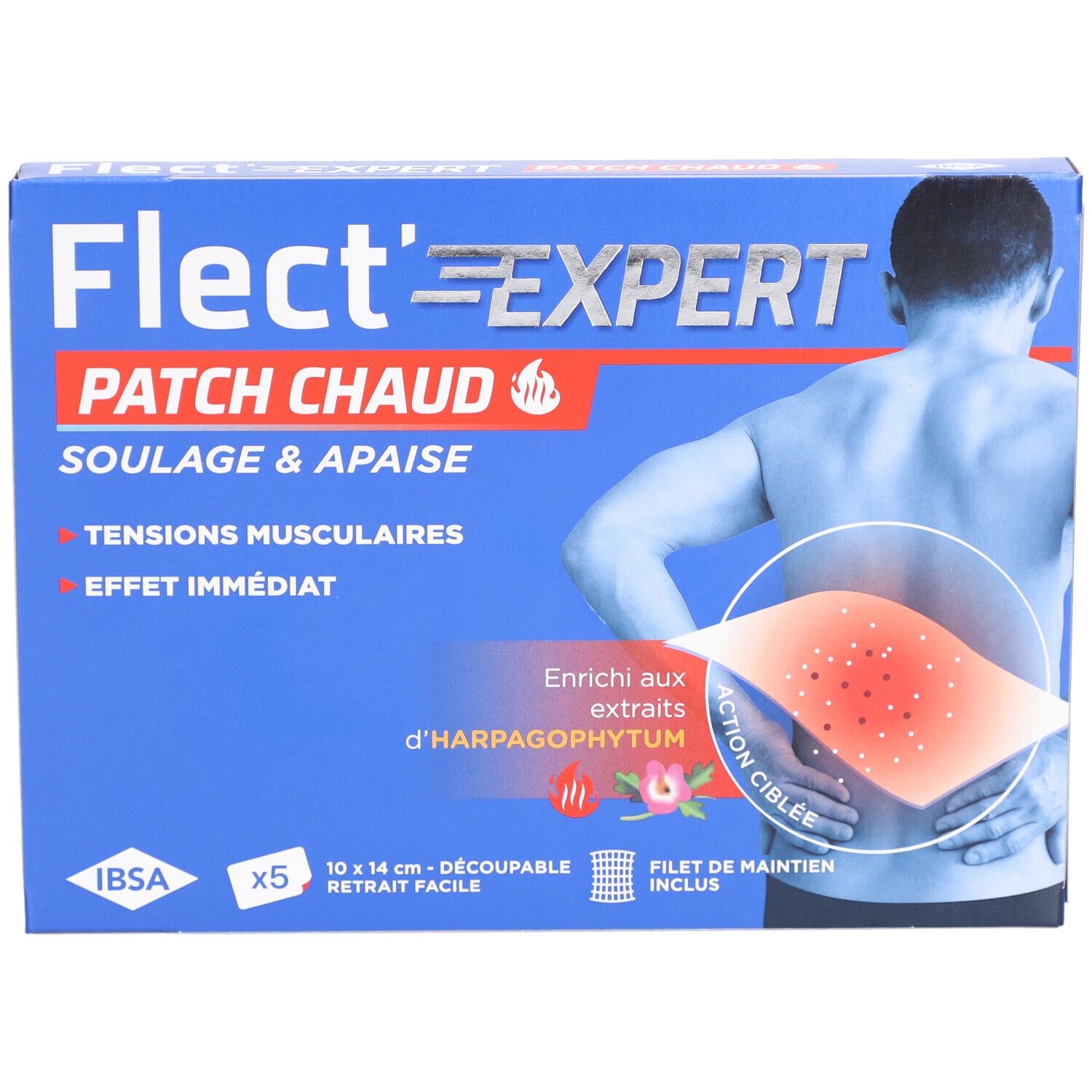 Boîte bleue avec nom du produit et illustration d'un dos. Texte: Patch Chaud, Soulage & Apaise, Tensions Musculaires, Effet Immédiat. Filet de maintien inclus.